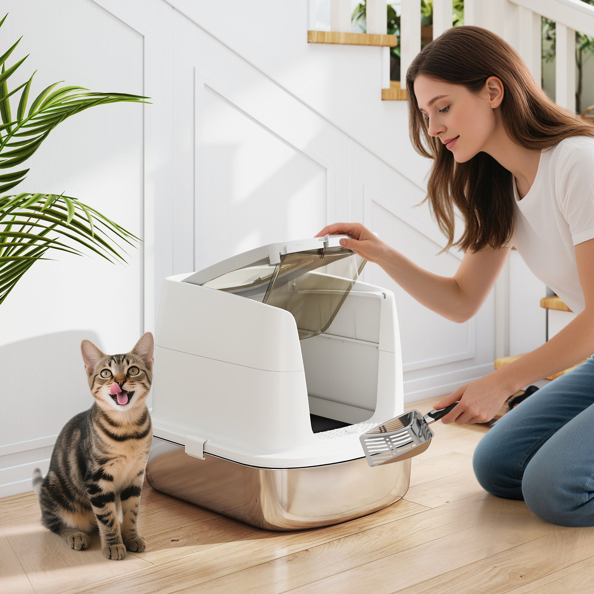 Large Stainless Steel Litter Box, Enclosed Metal Cat Litter Tray with Scoop & Deodoriser Bag, Front-Entry & Top-Exit