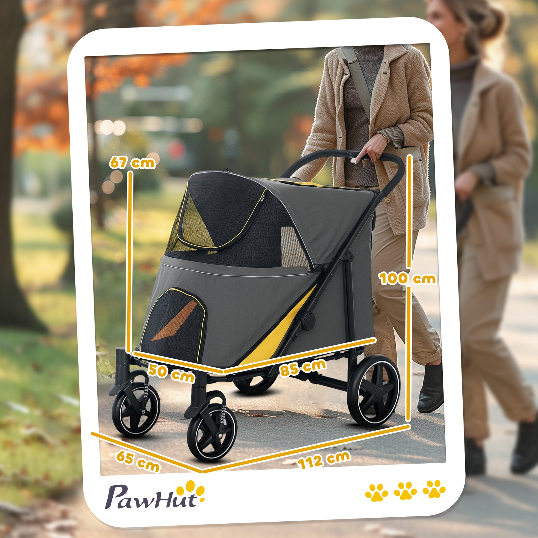 Pet Stroller w/ Universal Front Wheels, Shock Absorber, One Click Foldable Dog Cat Carriage w/ Brakes, Storage Bags, Mesh Window