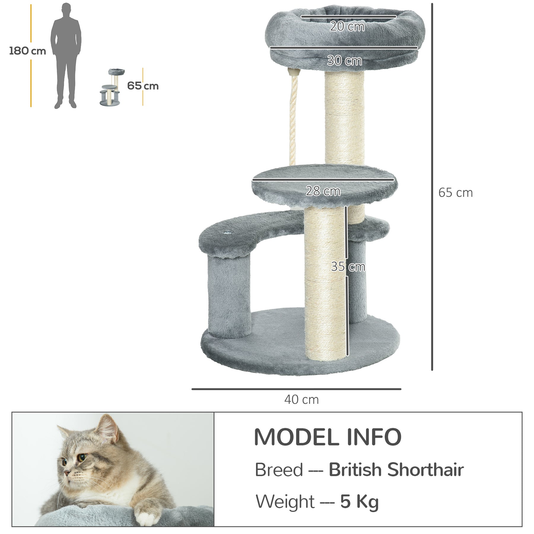 Cat Tree  Kitty Scratcher, Kitten Activity Centre with 2 Perches & Hanging Sisal Rope, Grey