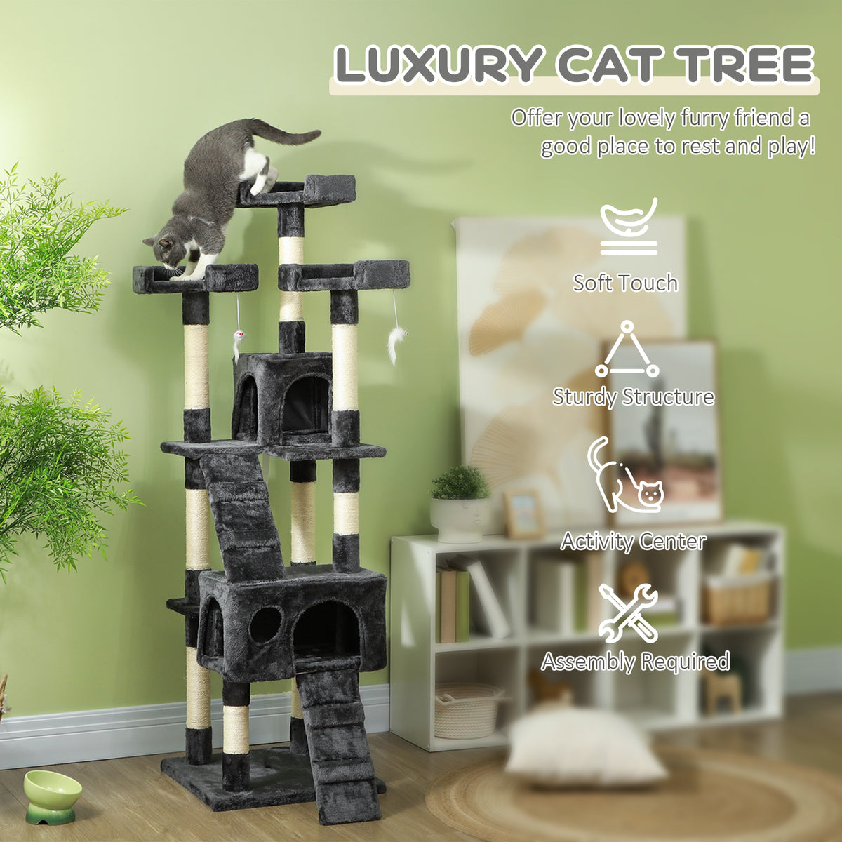 PawHut Tall Cat Tree with 2 Houses, 3 Perches & Scratching Posts Cat Tree PawHut