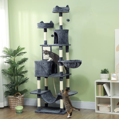 PawHut 206cm Cat Tree, Multi-Level Cat Tower with Scratching Posts and Board, Beds, Condos, Platforms, Toy Balls, Dark Grey PawHut