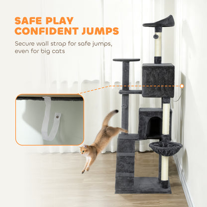 PawHut 180cm Large Cat Tree Tower with Sisal Scratching Posts, Condos, Plush Perches, Hammock, Ladder, Dark Grey PawHut
