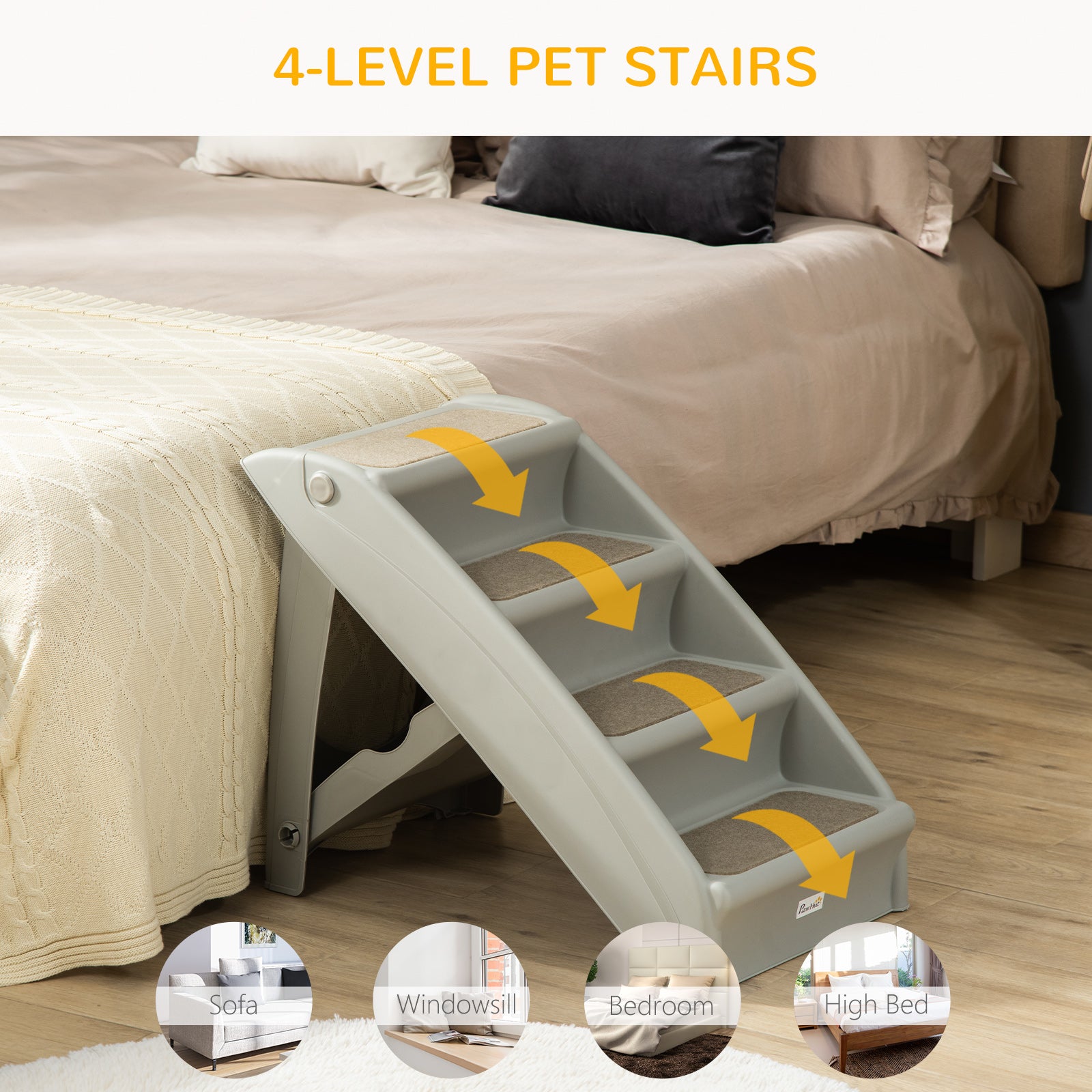 Foldable Pet Stairs, 4-Step for Cats Small Dogs with Non-slip Mats, Grey