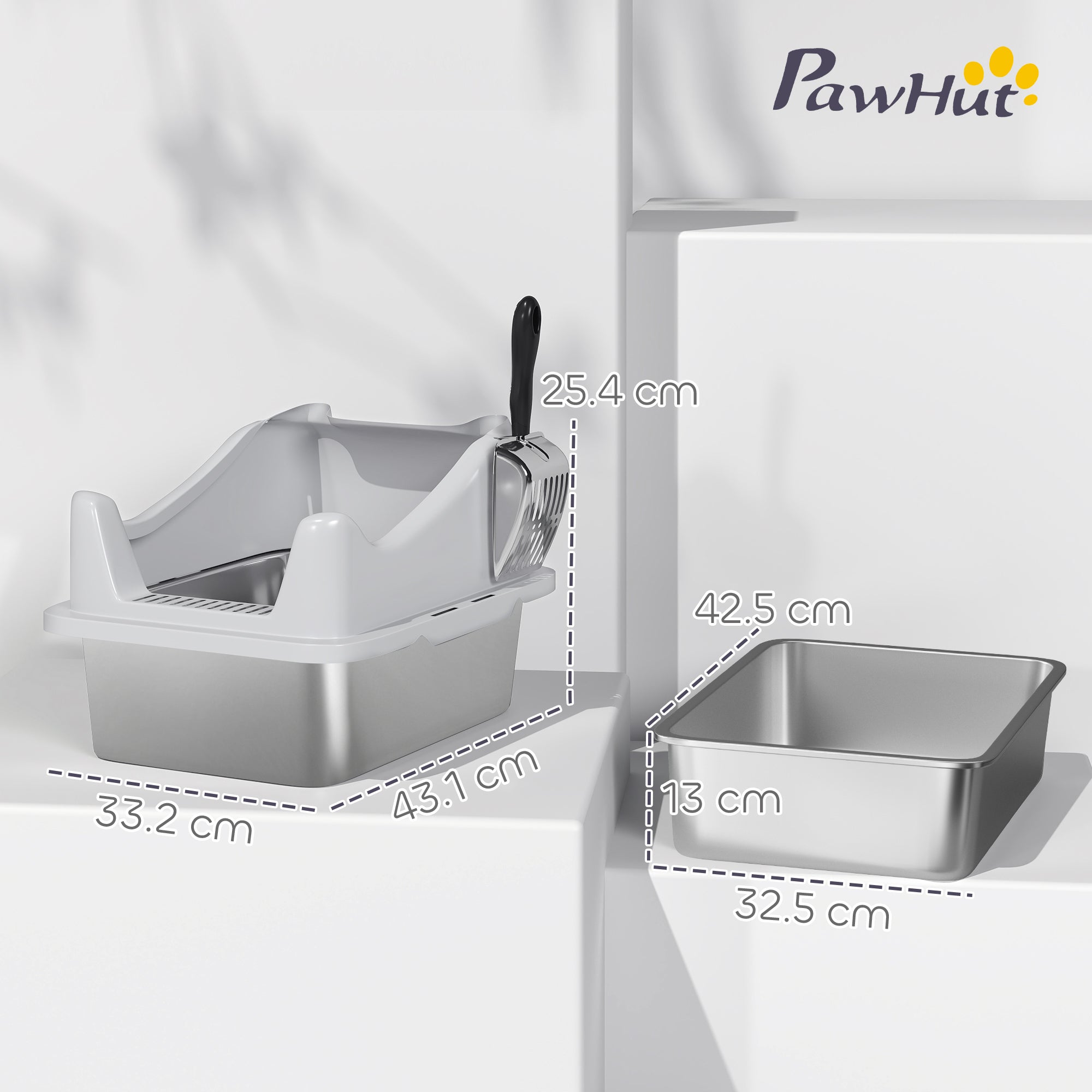 Stainless Steel Cat Litter Box with High Sides, Scoop