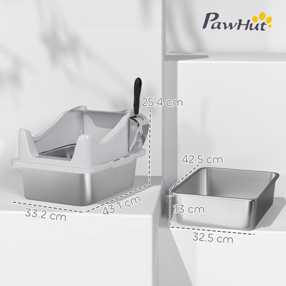 PawHut Stainless Steel Cat Litter Box with High Sides, Metal Scoop, 43 x 33 x 25 cm PawHut
