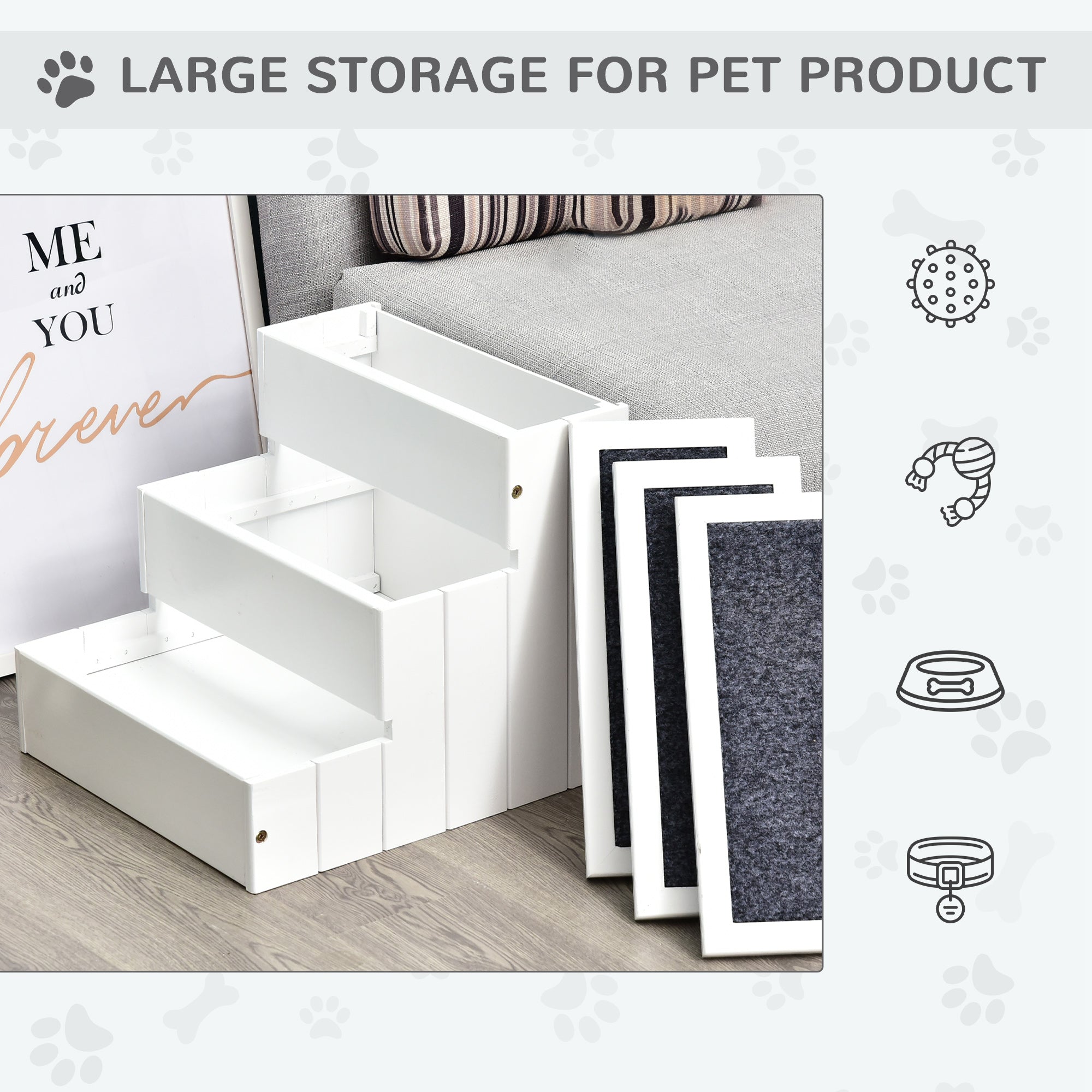 3 Step Wooden Pet Stairs, Carpeted Ramp for Cats & Small Dogs, Non-Slip Carpet, Compact, White