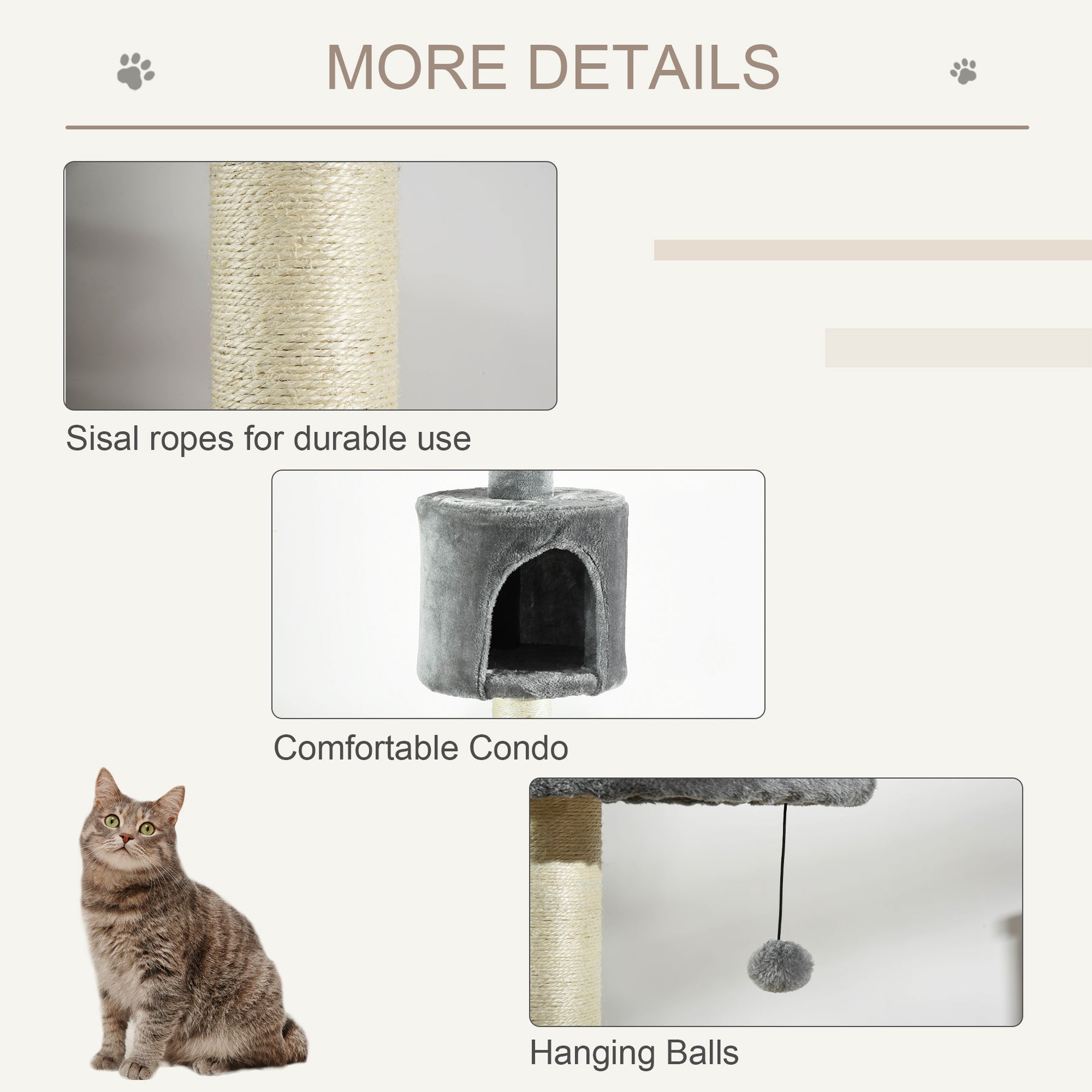 Multi-Level Cat Tree, Kitten Activity Tower, Condo, Indoor Play House with Scratching Post, Hanging Balls, Light Grey