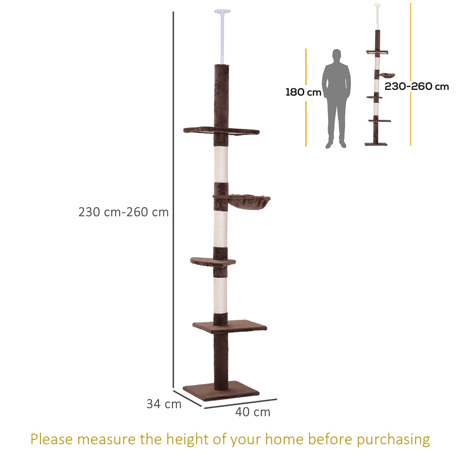Cat Climbing Tree, 5-Tier Floor to Ceiling Adjustable Scratching Post Tower, Activity Centre, Brown,