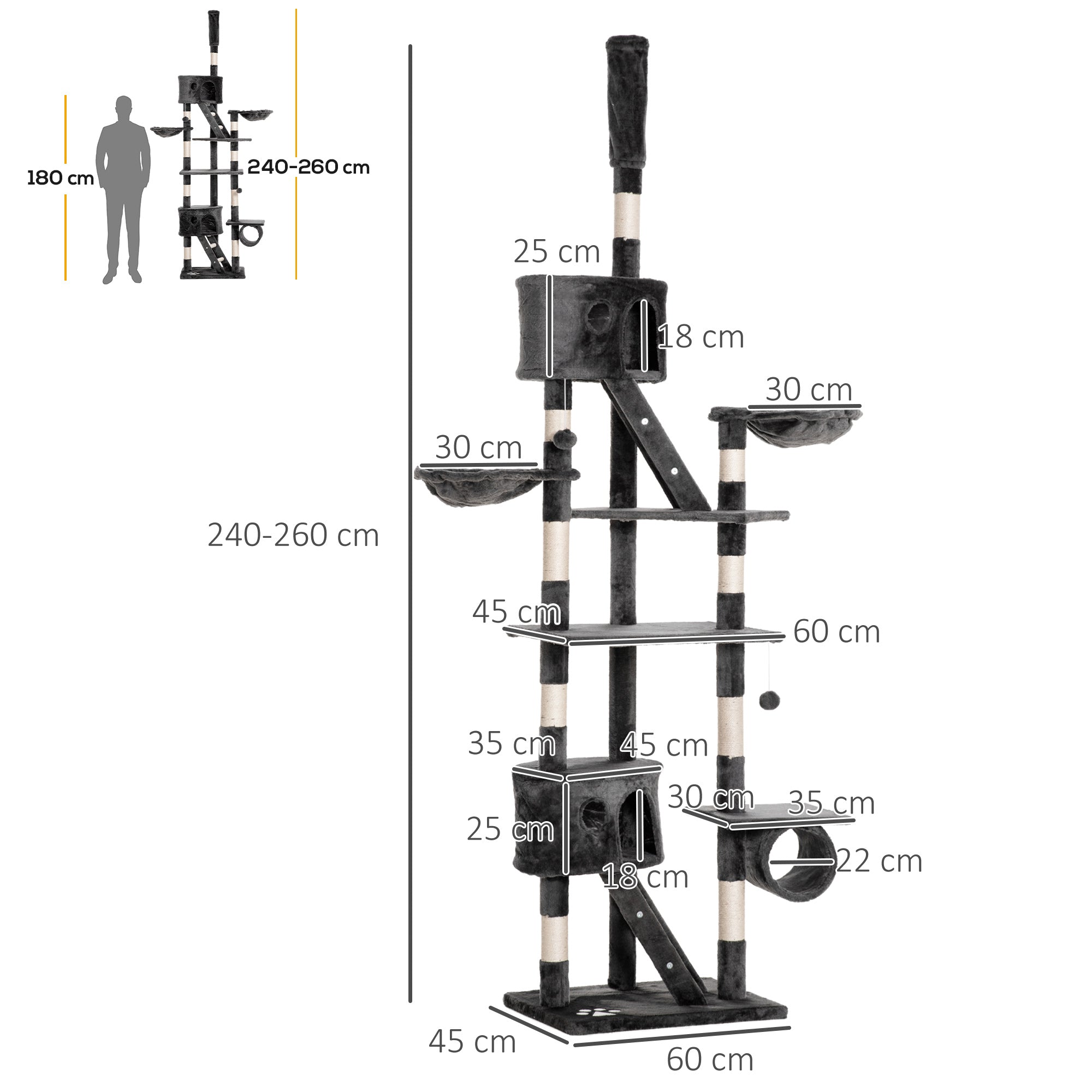 Cat Tower Floor-to-Ceiling Indoor Cat Tree, Adjustable Cat Post with Condos, Ramps, Hammocks, Toy Balls, Dark Grey