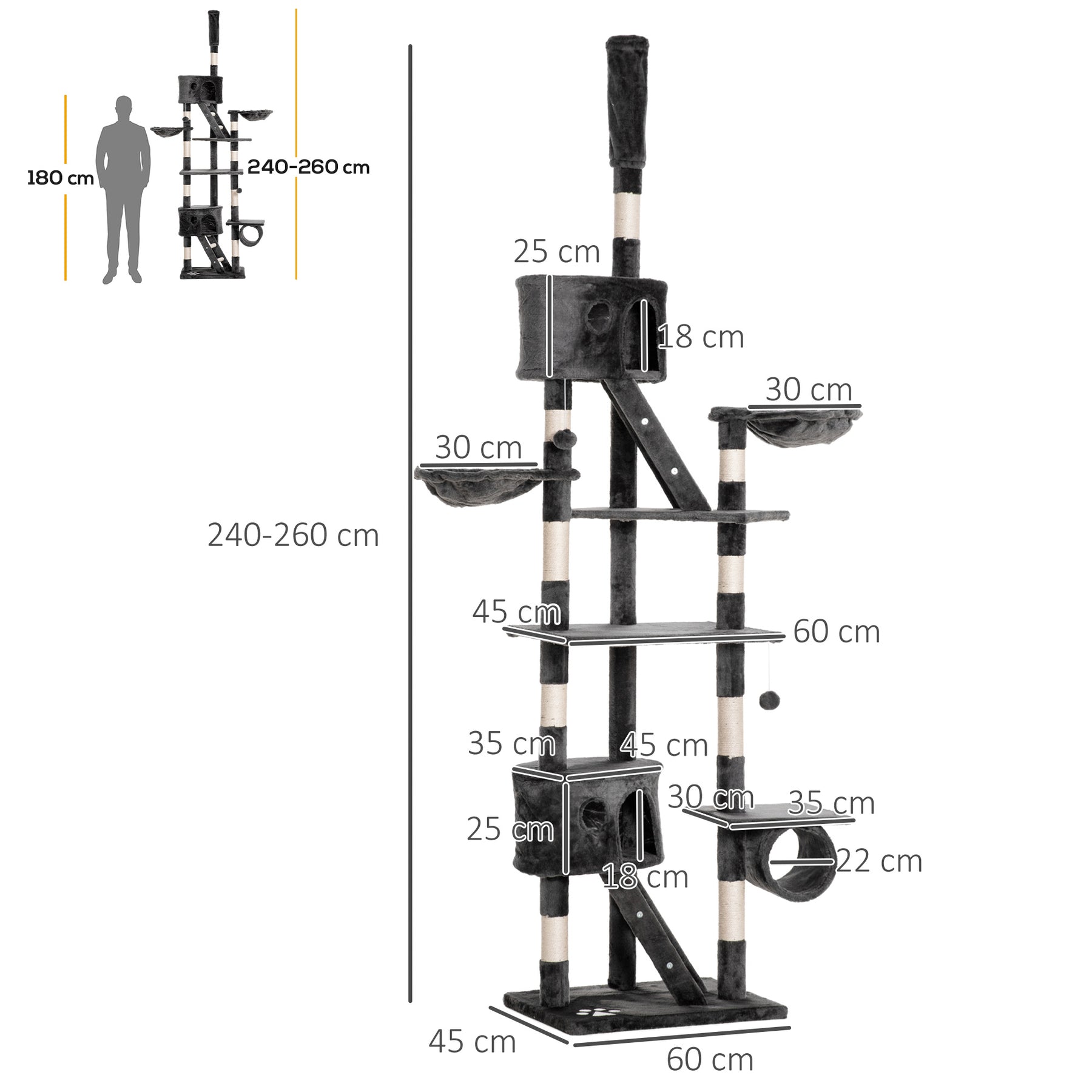 Cat Tower Floor-to-Ceiling Indoor Cat Tree, Adjustable Cat Post with Condos, Ramps, Hammocks, Toy Balls, Dark Grey