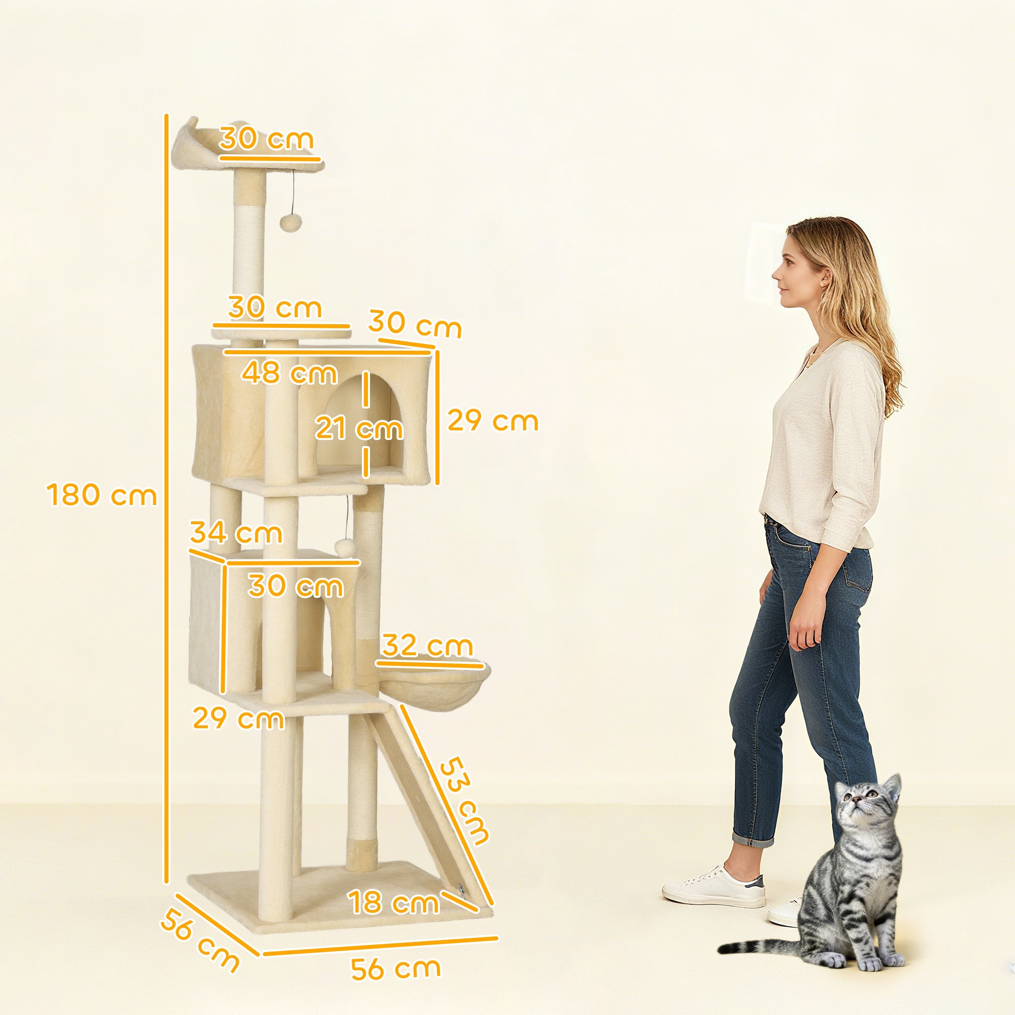 Large Cat Tree Tower with Sisal Scratching Posts, Condos, Plush Perches, Hammock, Ladder, Beige