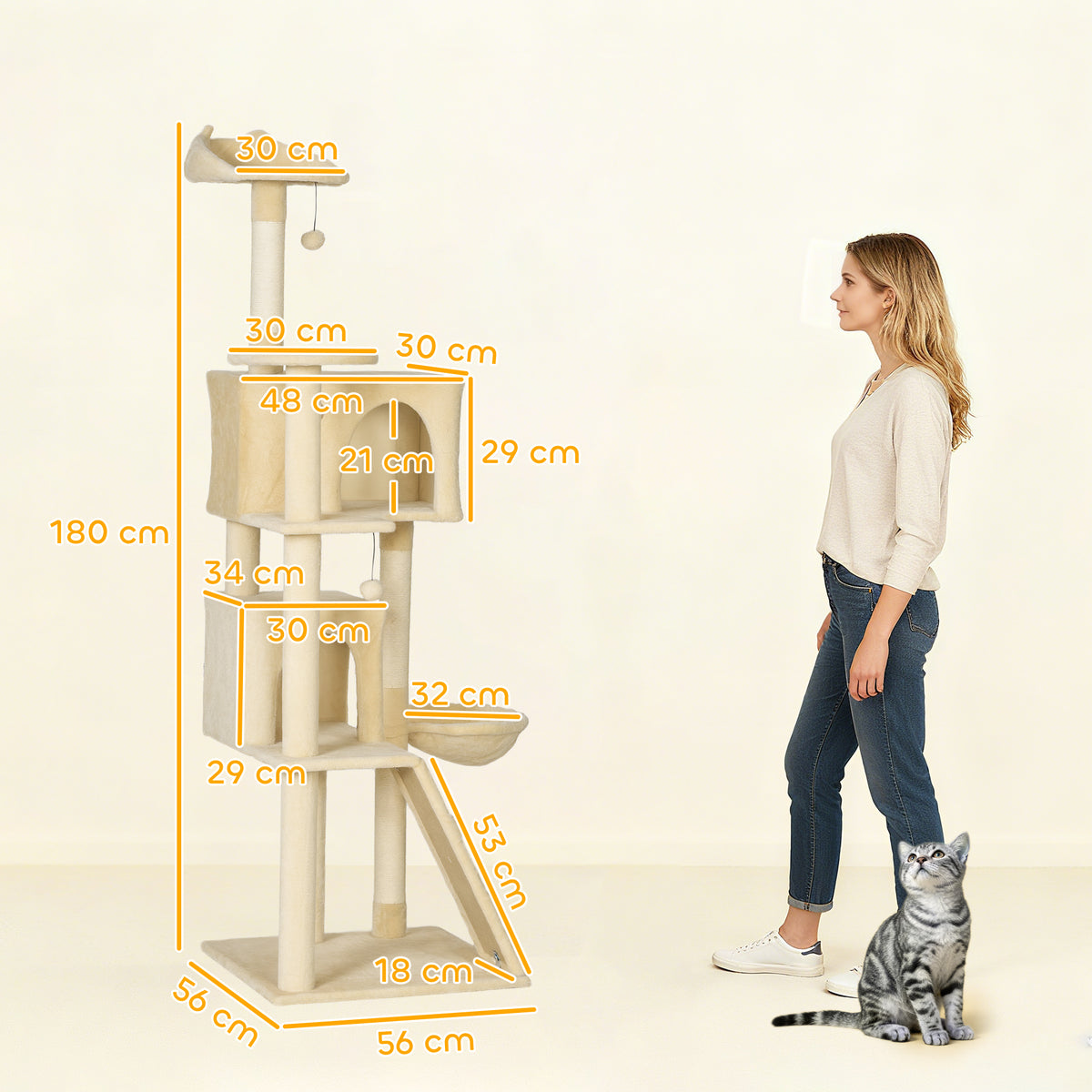 PawHut 180cm Large Cat Tree Tower with Sisal Scratching Posts, Condos, Plush Perches, Hammock, Ladder, Beige PawHut