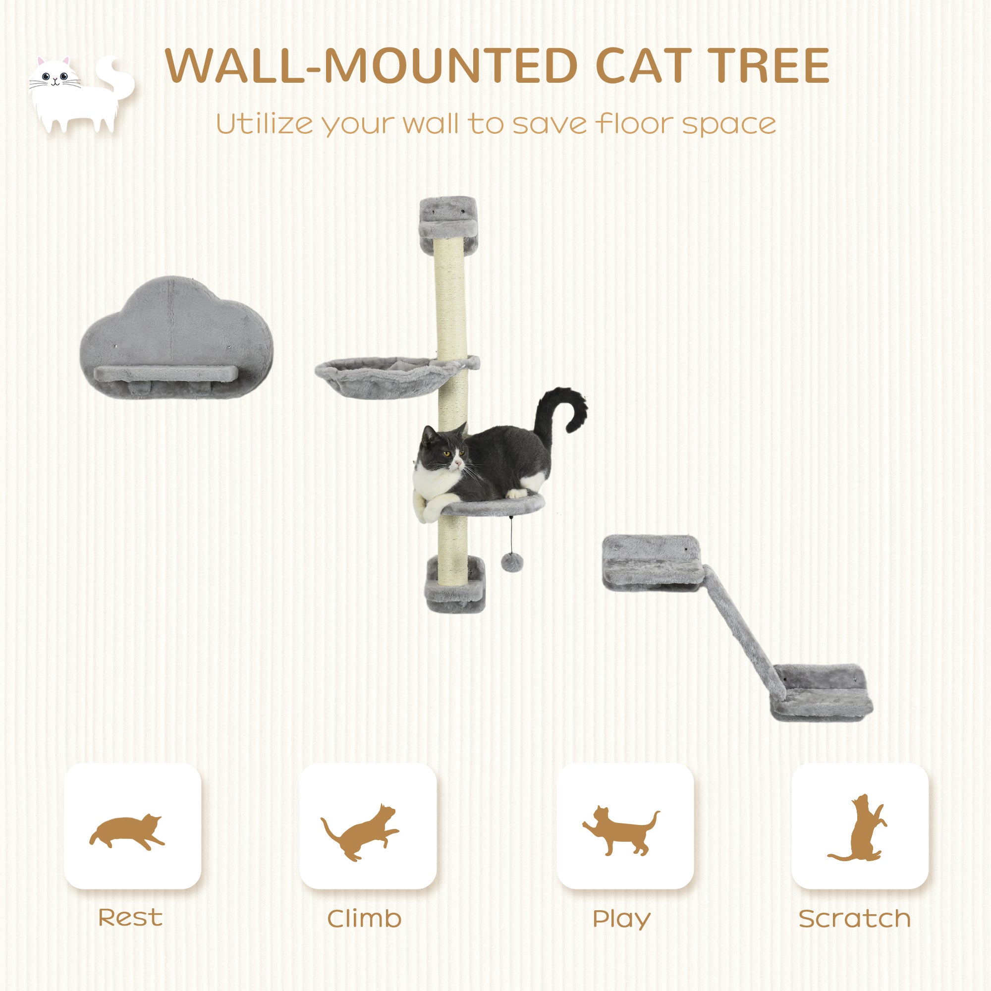 Cat Shelves Fit Cat Up to 5kg, 3-Piece Set with Hammock, Jumping Platform, Ladder, Scratching Post, Safe for Cats to Play, Grey