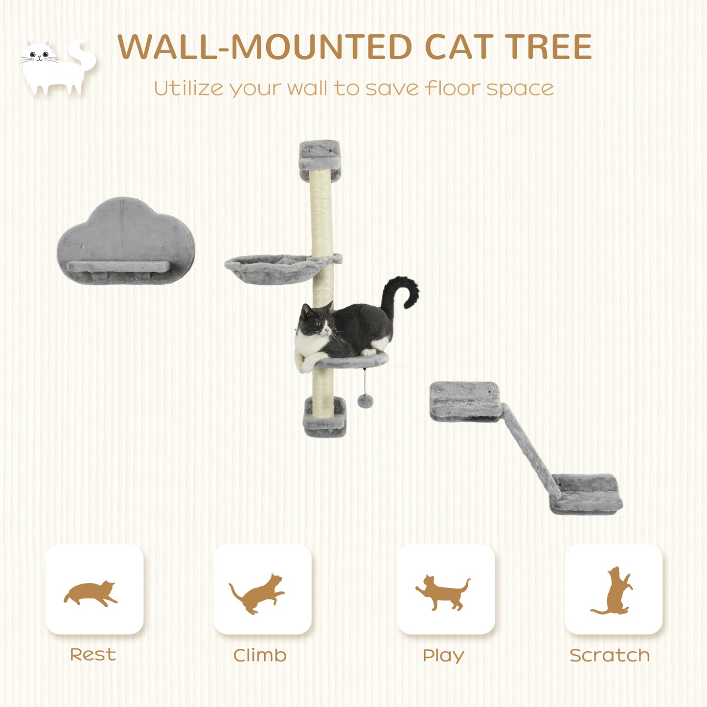 Cat Shelves Fit Up To 5Kg 3 Piece Set With Hammock Jumping Aosom UK