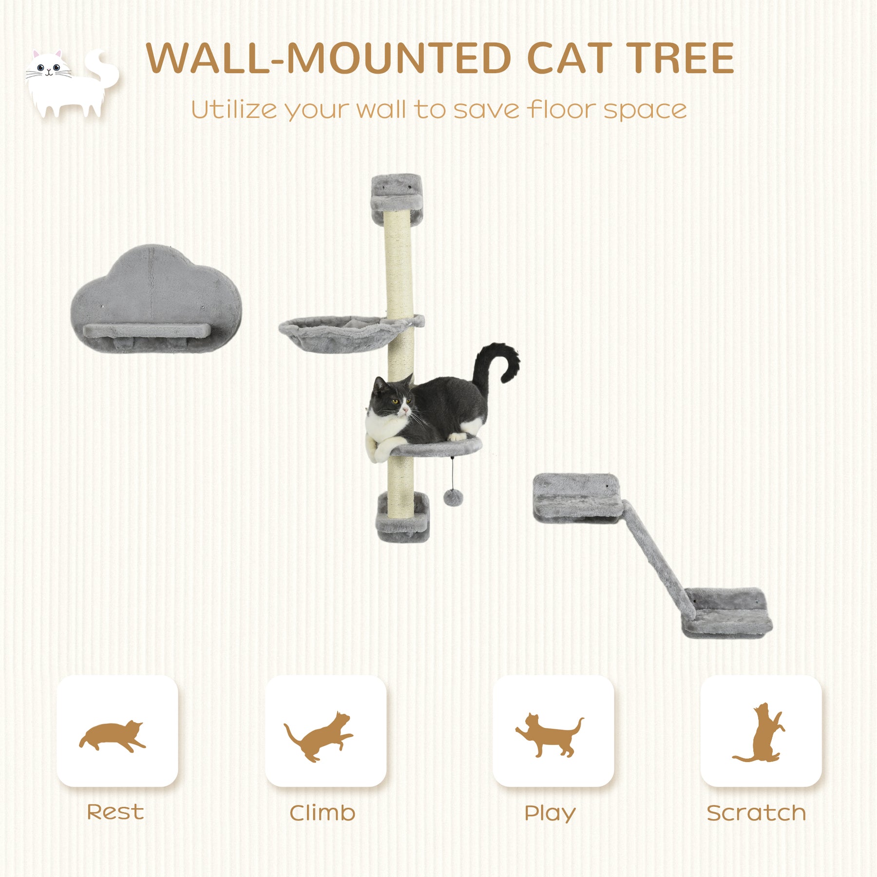 Cat Shelves Fit Cat Up to 5kg, 3-Piece Set with Hammock, Jumping Platform, Ladder, Scratching Post, Safe for Cats to Play, Grey