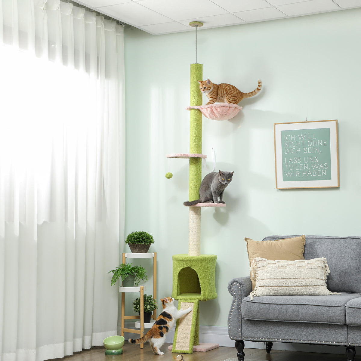 PawHut 220-240 cm Floor to Ceiling Cat Tree Adjustable Height with Hammock, Condo, Scratching Posts, Green PawHut