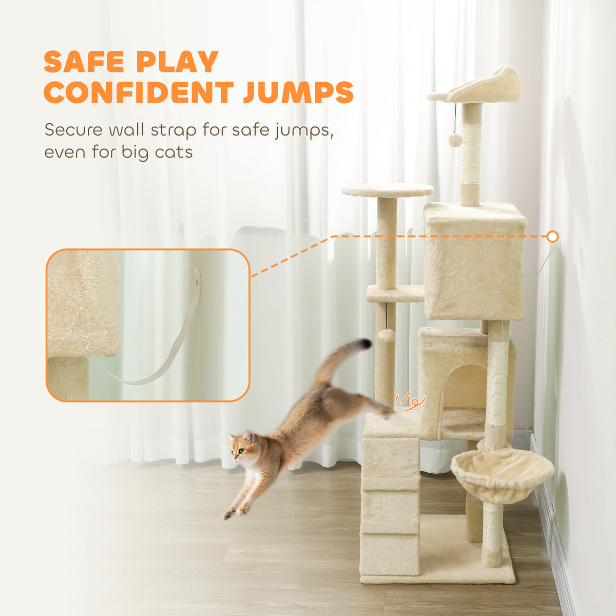 PawHut 160cm Large Cat Tree Tower with Sisal Scratching Posts, Condos, Plush Perches, Hammock, Ladder, Beige PawHut