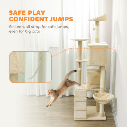 PawHut 160cm Large Cat Tree Tower with Sisal Scratching Posts, Condos, Plush Perches, Hammock, Ladder, Beige PawHut