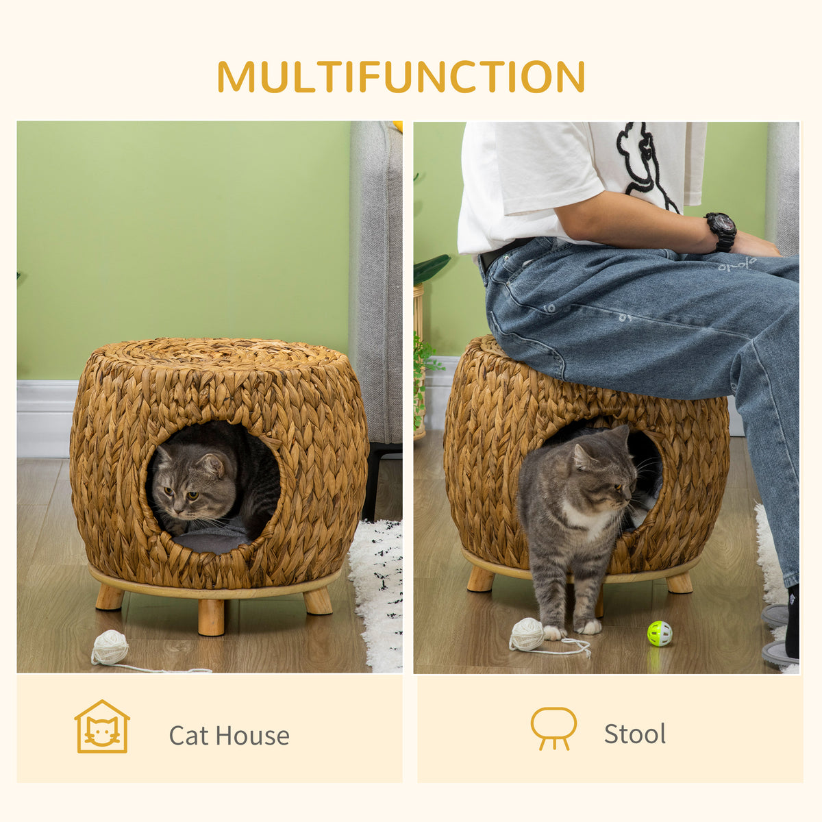 PawHut Wicker Cat Bed Cat House Stool with Washable Cushion, 44 x 43 x 41cm PawHut