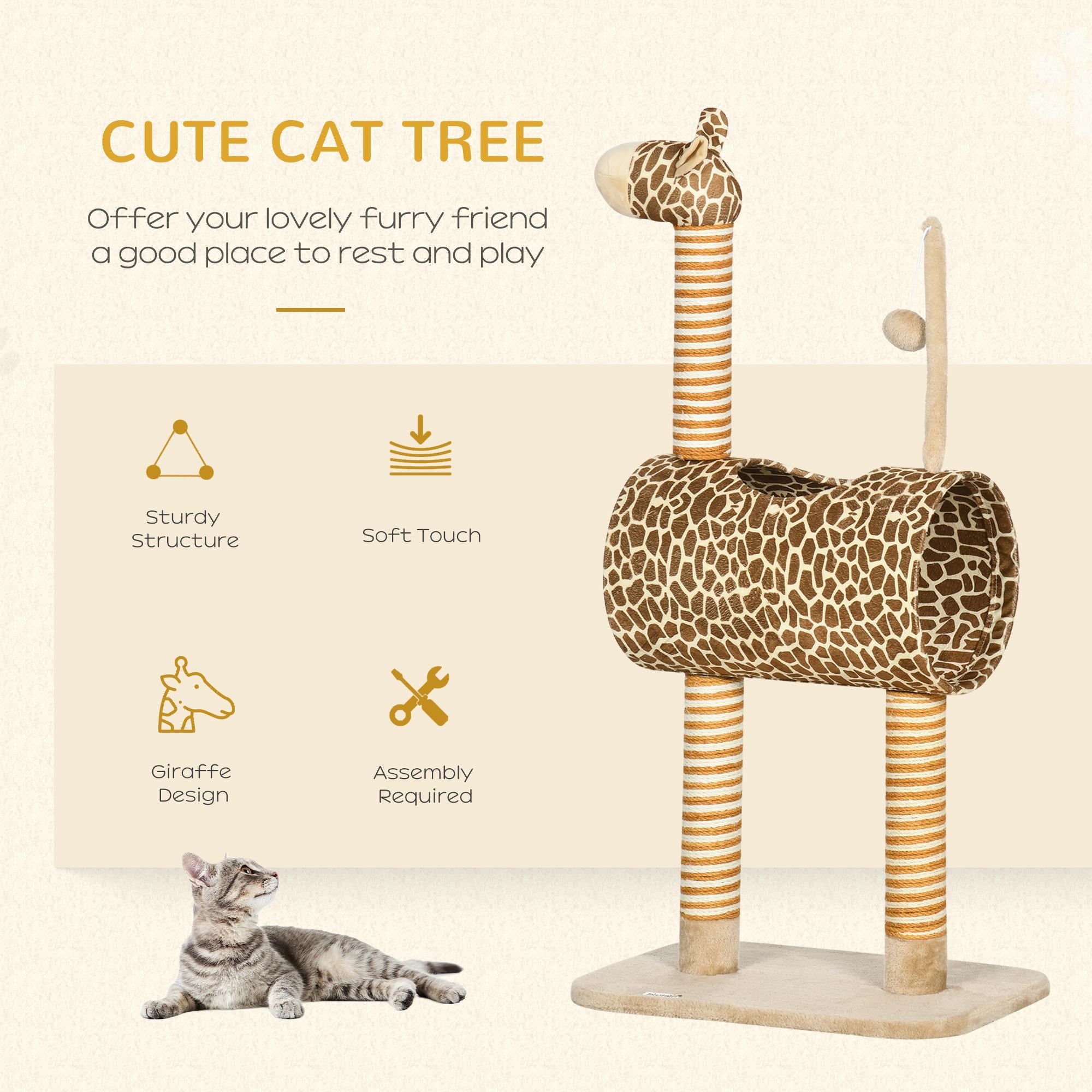Giraffe Cat Tree, Indoor Play Tower with Scratching Posts, Tunnel, Ball Toy