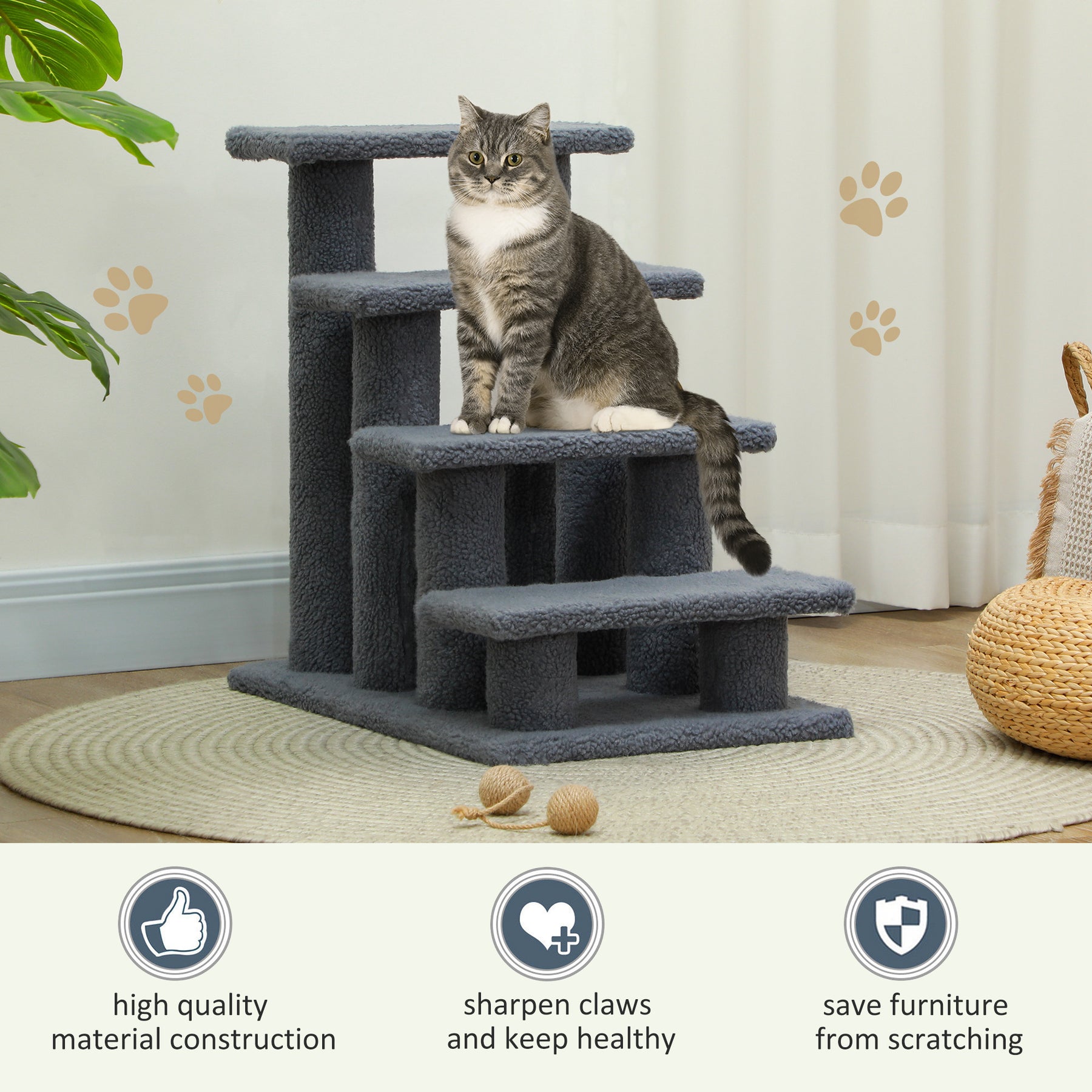 Pet Steps, Portable Stairs for Bed Access, Suitable for Cats & Older Animals, Grey