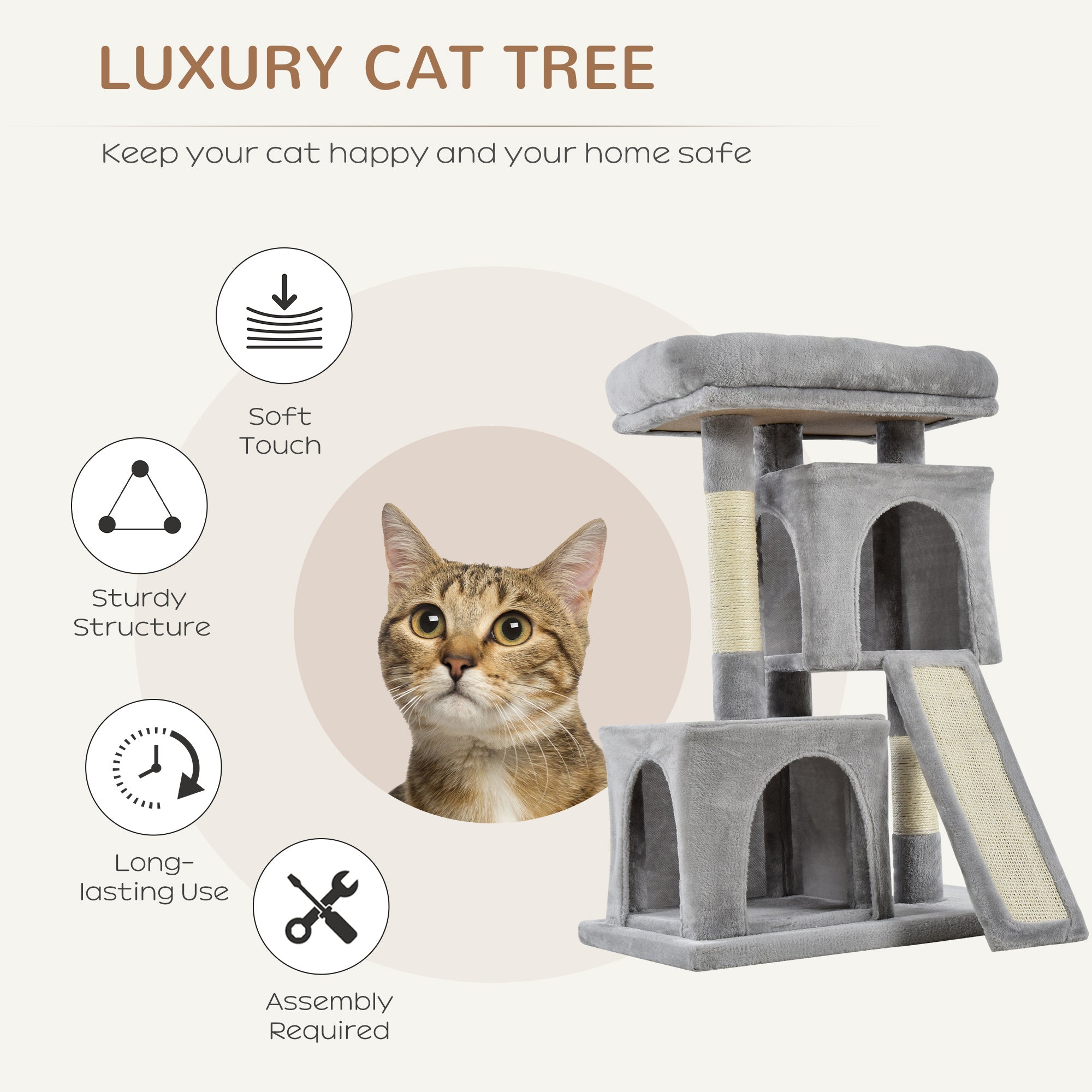 Feline Fortress: 3-Tier Cat Tower with Sisal Scratchers, Leisure Lounge in Light Grey