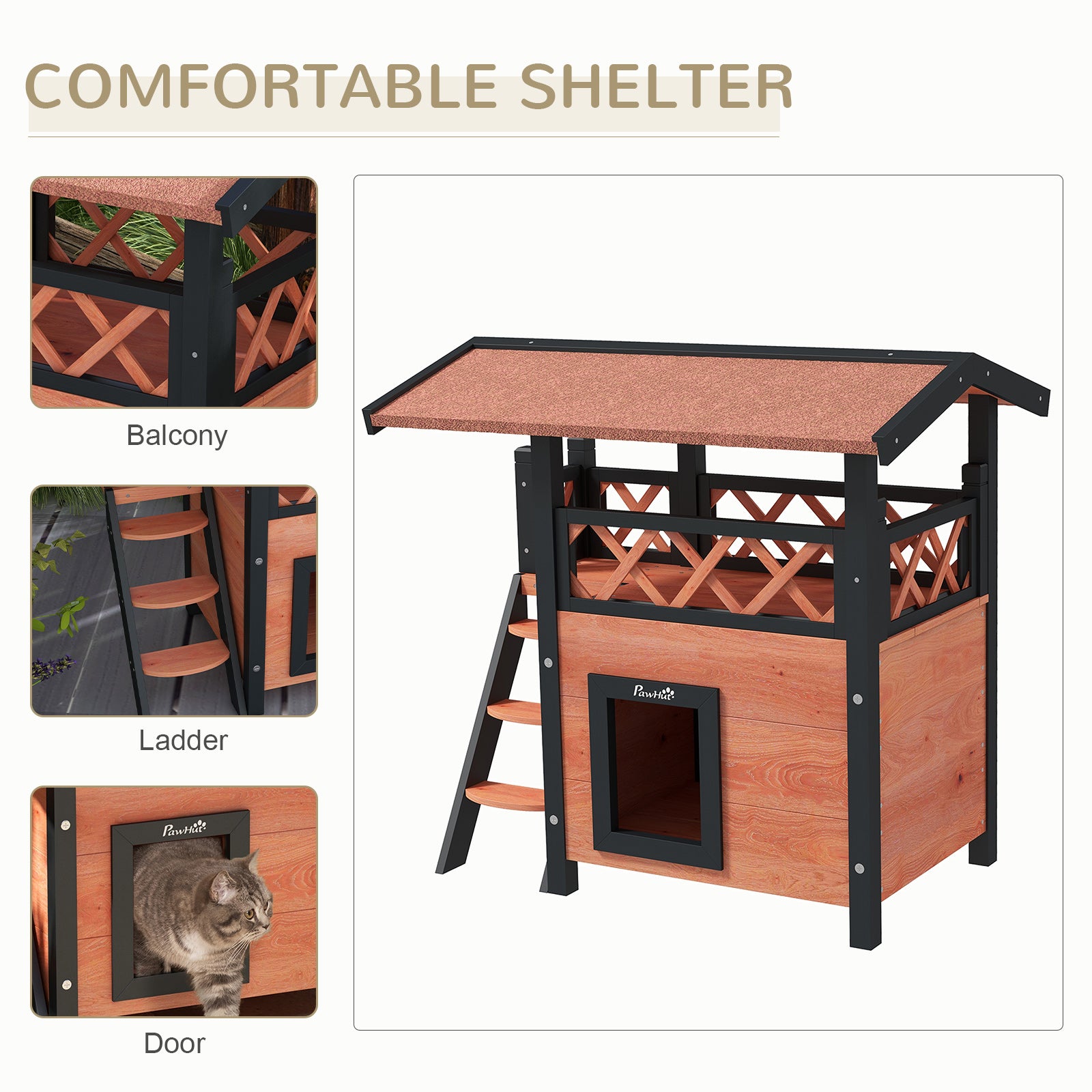 Cat House Outdoor w/ Balcony Stairs Roof, Brown