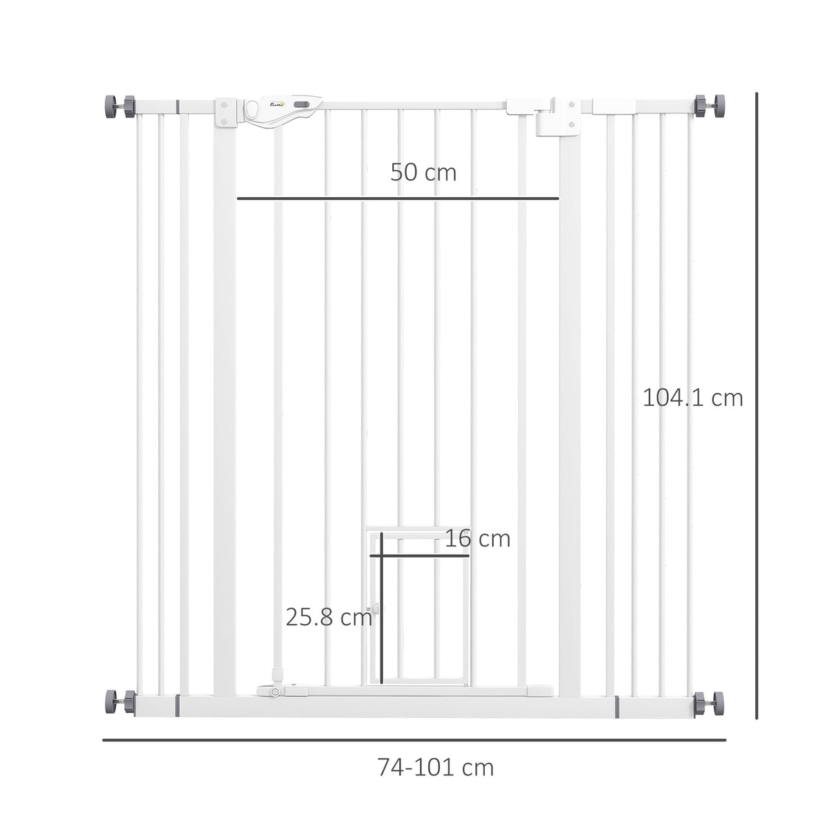 PawHut Extra Tall Pet Gate, Indoor Dog Safety Gate, with Cat Flap, Auto Close, 74-101cm Wide - White PawHut