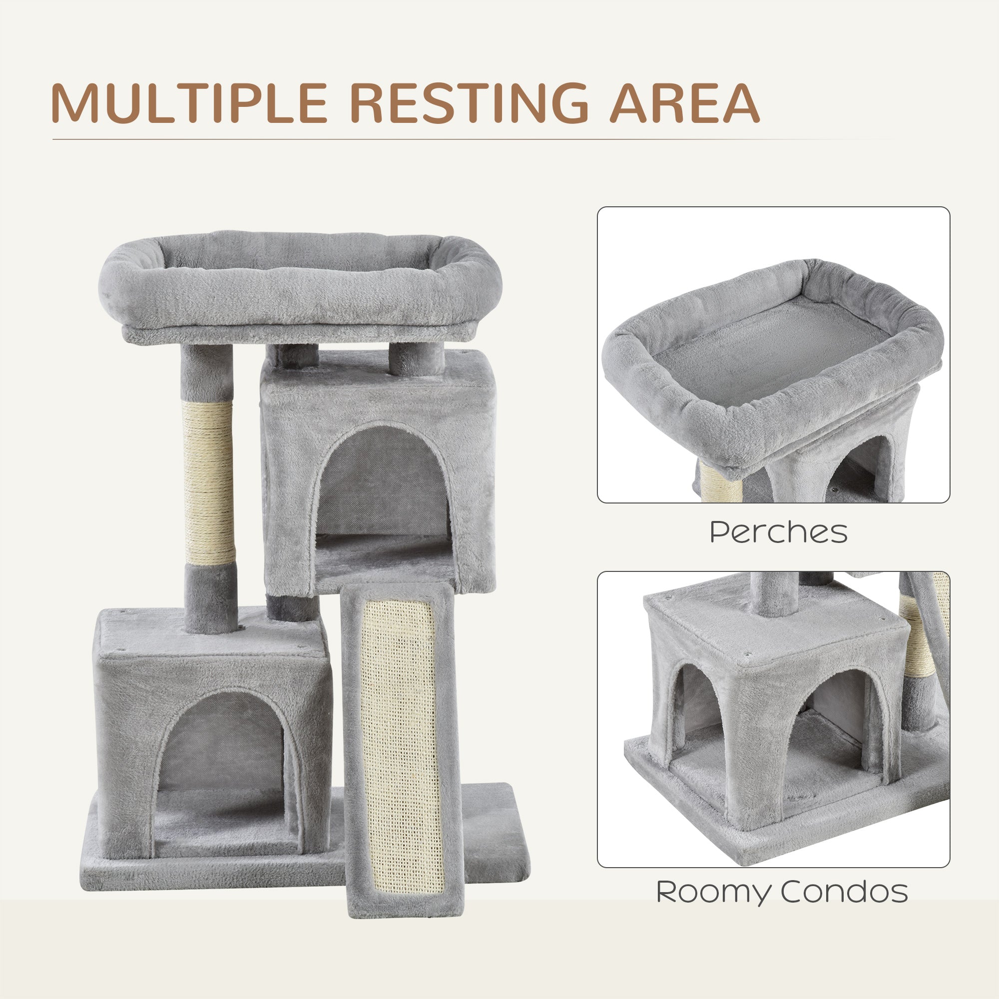 Feline Fortress: 3-Tier Cat Tower with Sisal Scratchers, Leisure Lounge in Light Grey
