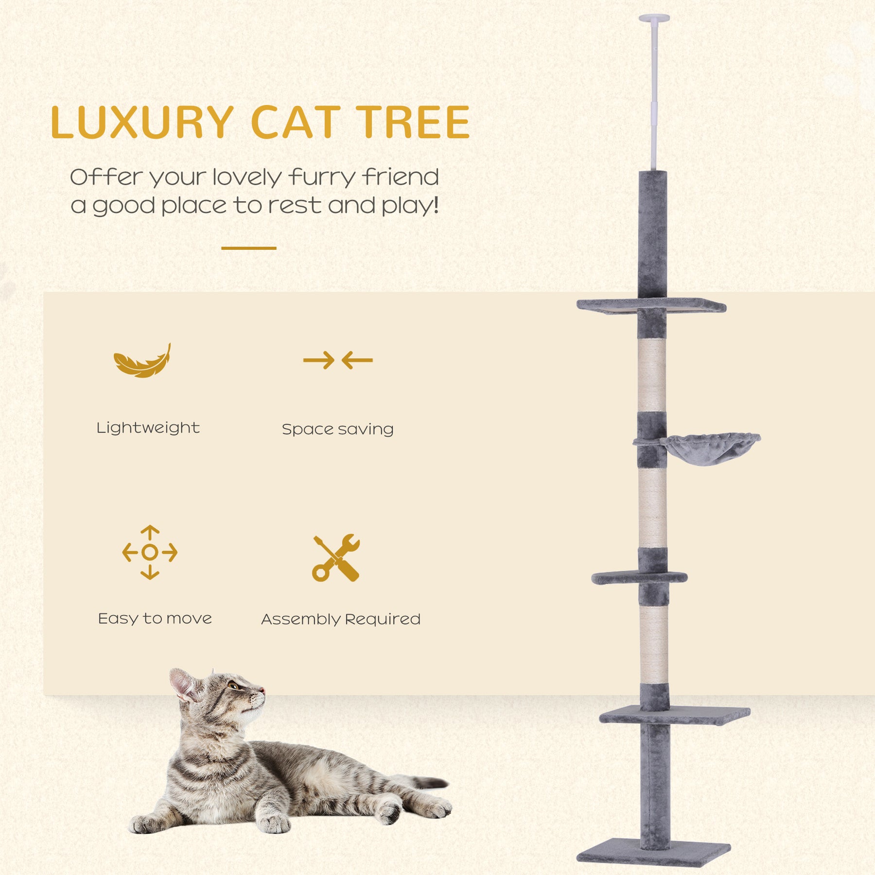 Cats Floor to Ceiling Scratching Post w/ 5-Tier Plush Leisure Platforms Grey