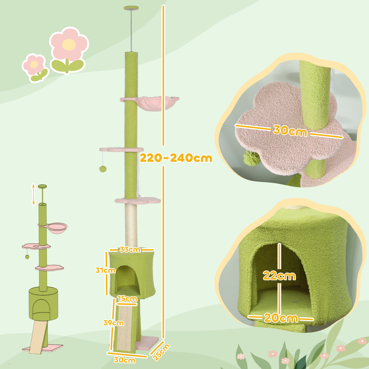 PawHut 220-240 cm Floor to Ceiling Cat Tree Adjustable Height with Hammock, Condo, Scratching Posts, Green PawHut