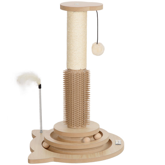 Scratching Post, 5 in 1 Cat Post with Sisal Post, Track Ball Toy, Self Grooming Brush, Hanging Toy Ball, Feather, Oak