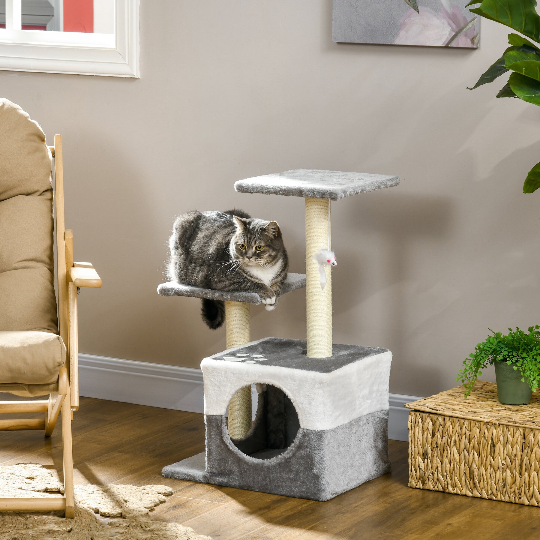 Deluxe Cat Climber: Sisal Scratching Posts, Cosy Condo, Elevated Perches & Playful Mouse, Sleek Grey