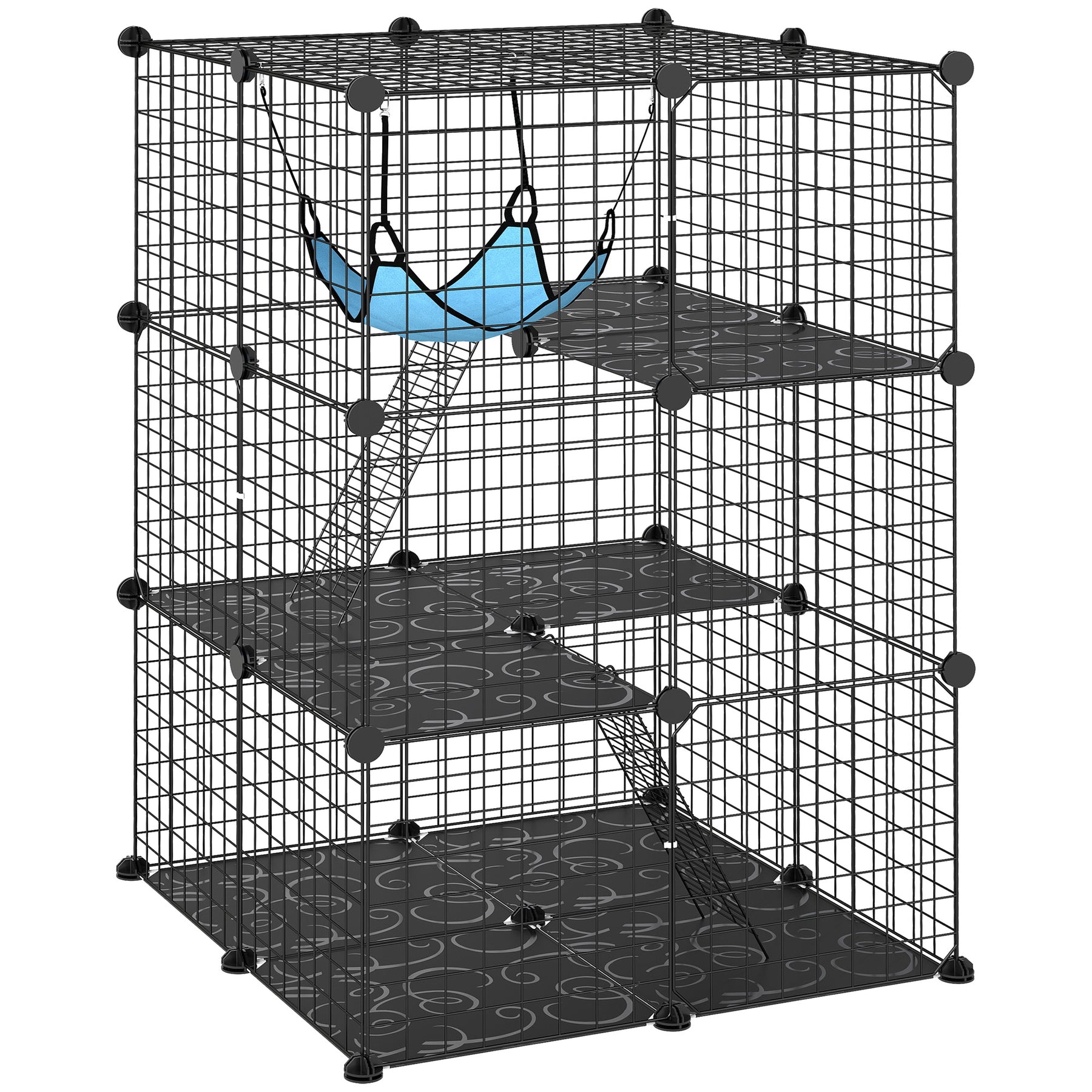 Indoor Cat Cage DIY Customizable 3-Tier Indoor Cat Enclosure with 3 Doors and Hammock  Black