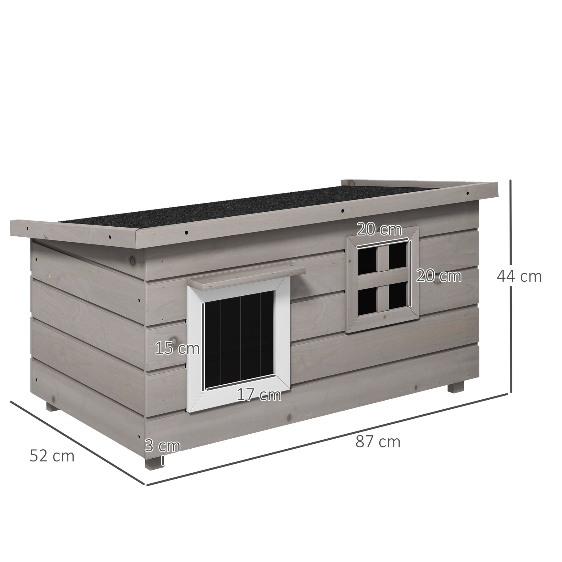 Wooden Cat House Outdoor, Elevated Cat Shelter Kennel, Pet Play House with Openable Top, Asphalt Roof, Window, Grey