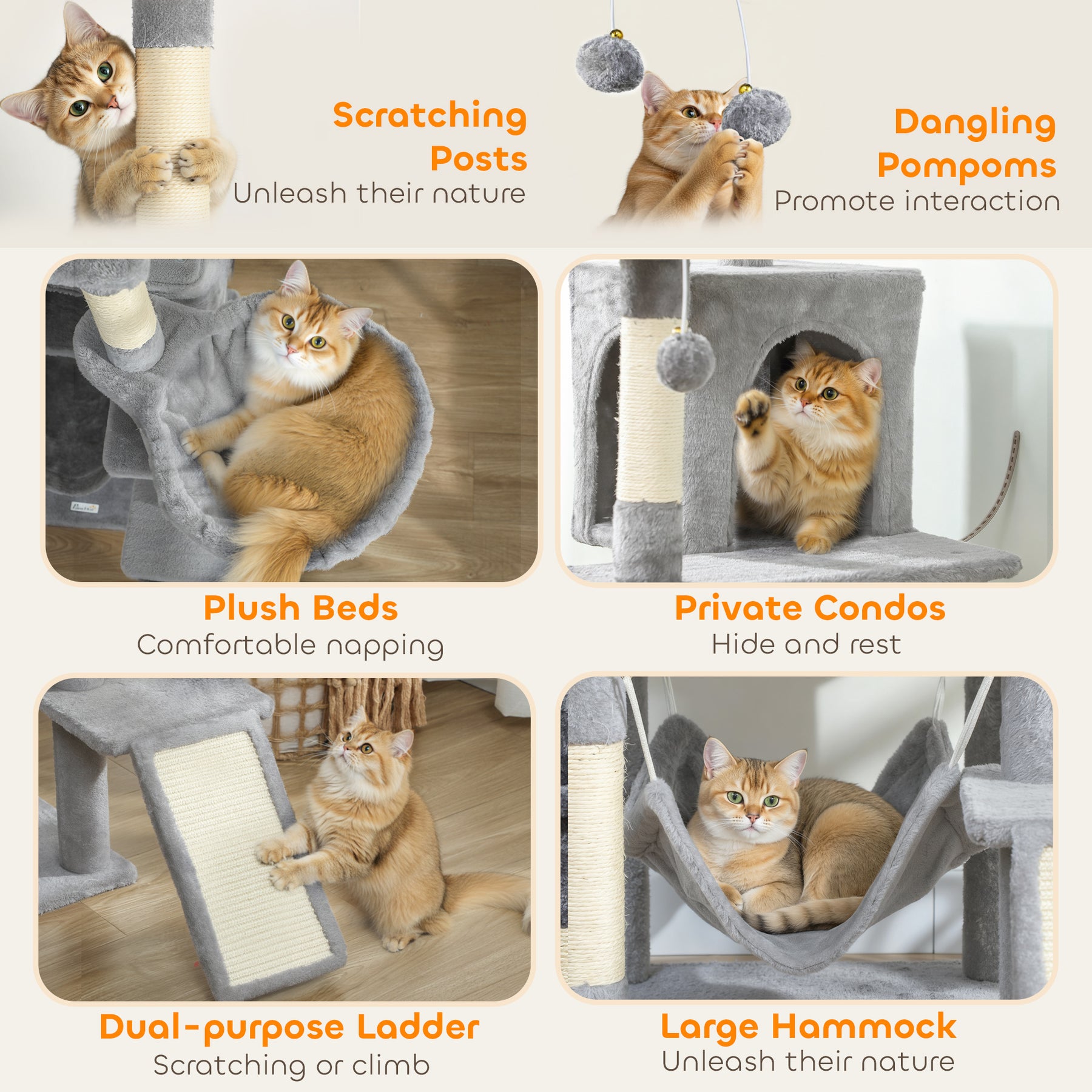 Cat Tree, Large Multi-Level Cat Tower for Indoor Kittens with 8 Scratching Posts, 3 Plush Beds, 2 Hammocks