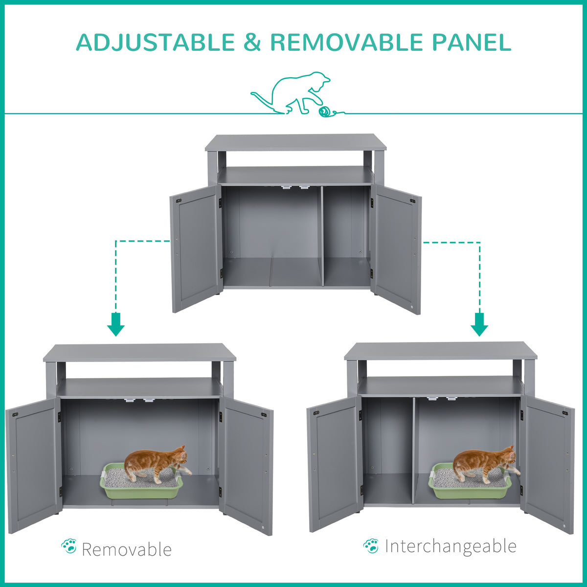 PawHut Wooden Cat Litter Box Enclosure Furniture with Adjustable Interior Wall & Large Tabletop for Nightstand, Grey PawHut