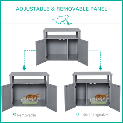 PawHut Wooden Cat Litter Box Enclosure Furniture with Adjustable Interior Wall & Large Tabletop for Nightstand, Grey PawHut