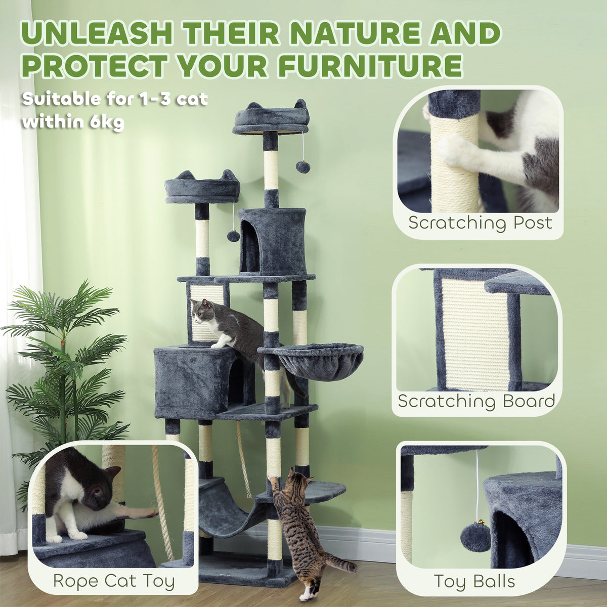 PawHut 206cm Cat Tree, Multi-Level Cat Tower with Scratching Posts and Board, Beds, Condos, Platforms, Toy Balls, Dark Grey PawHut