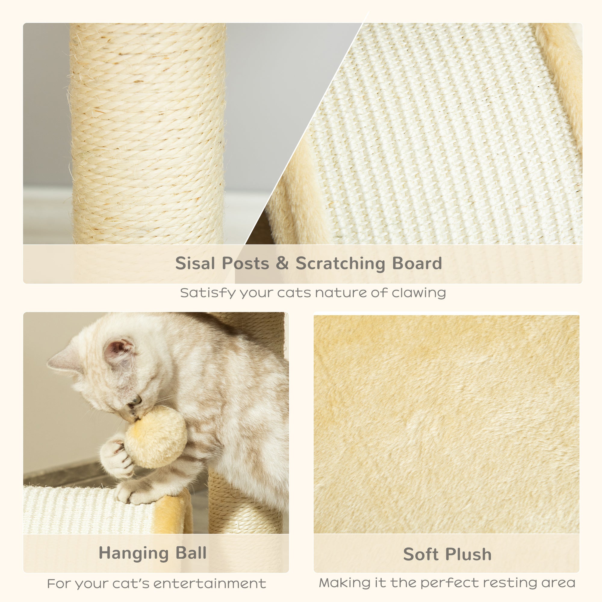 Cat Scratching Tree, Post with Activity Centre, Climber, Hanging Ball, Plush Cover, Beige