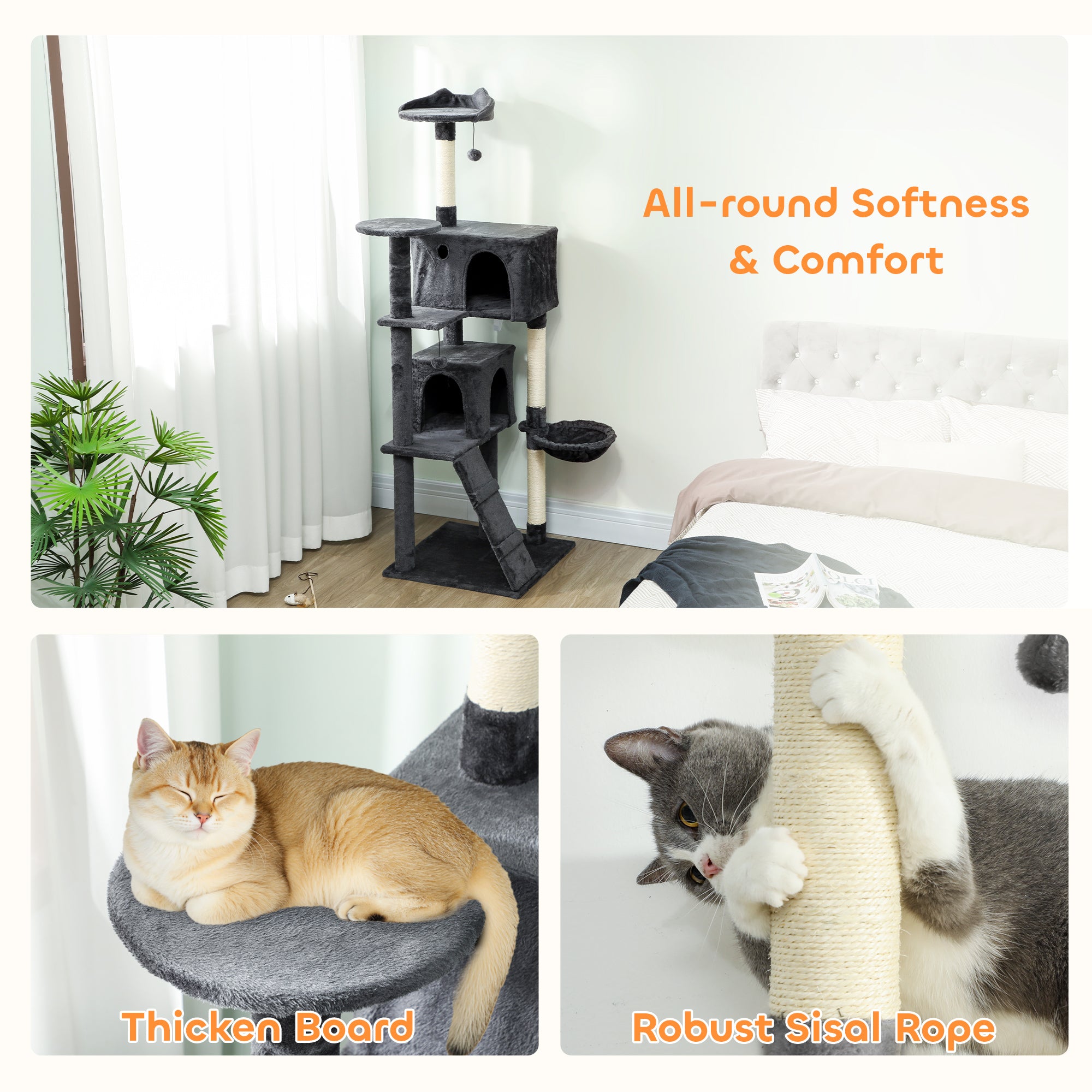 Large Cat Tree Tower with Sisal Scratching Posts, Condos, Plush Perches, Hammock, Ladder, Dark Grey