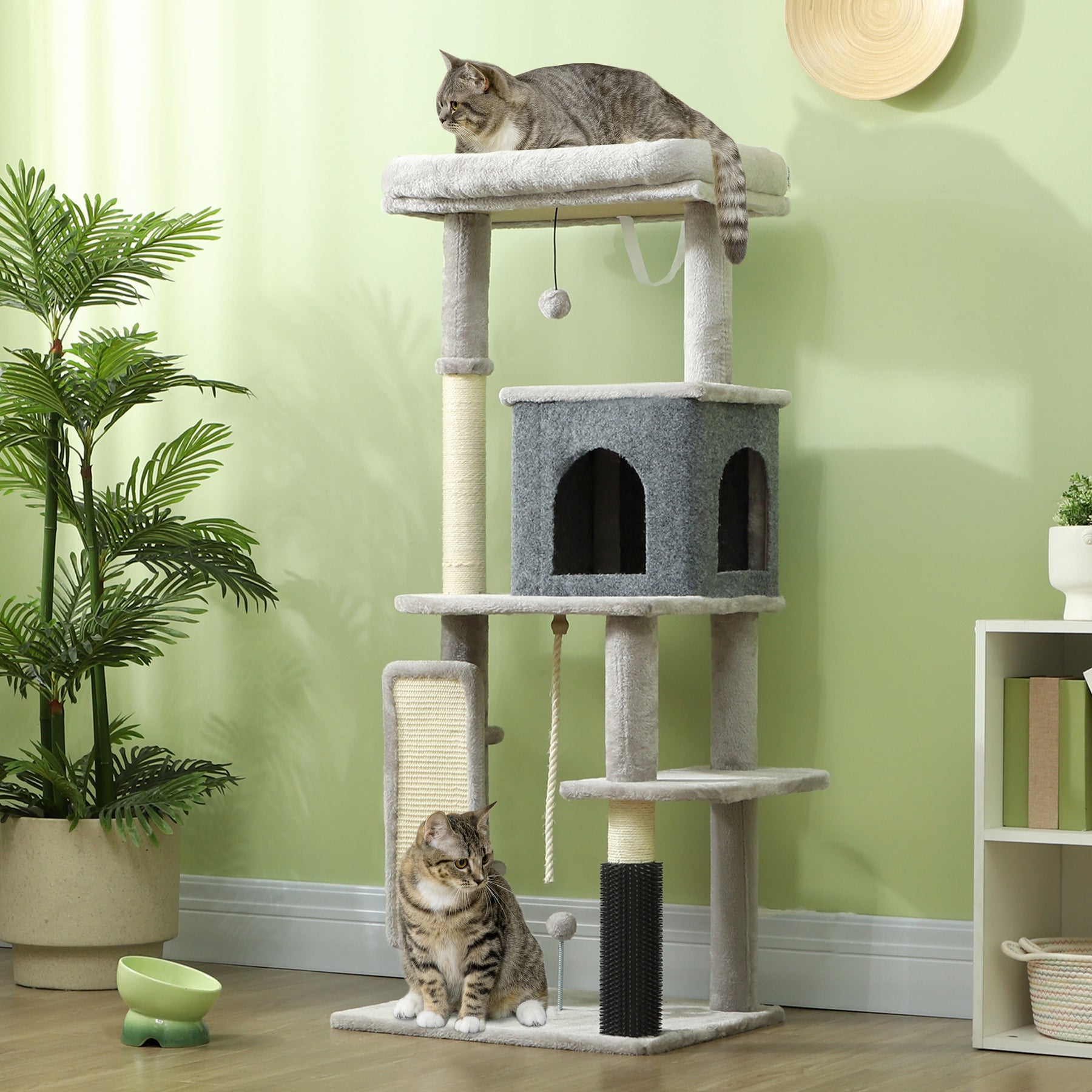 Cat Tree w/ Scratching Posts, Pad, Cat Bed, Cat House, Jumping Platform, Grooming Brush, Anti-Tip Kit, Light Grey