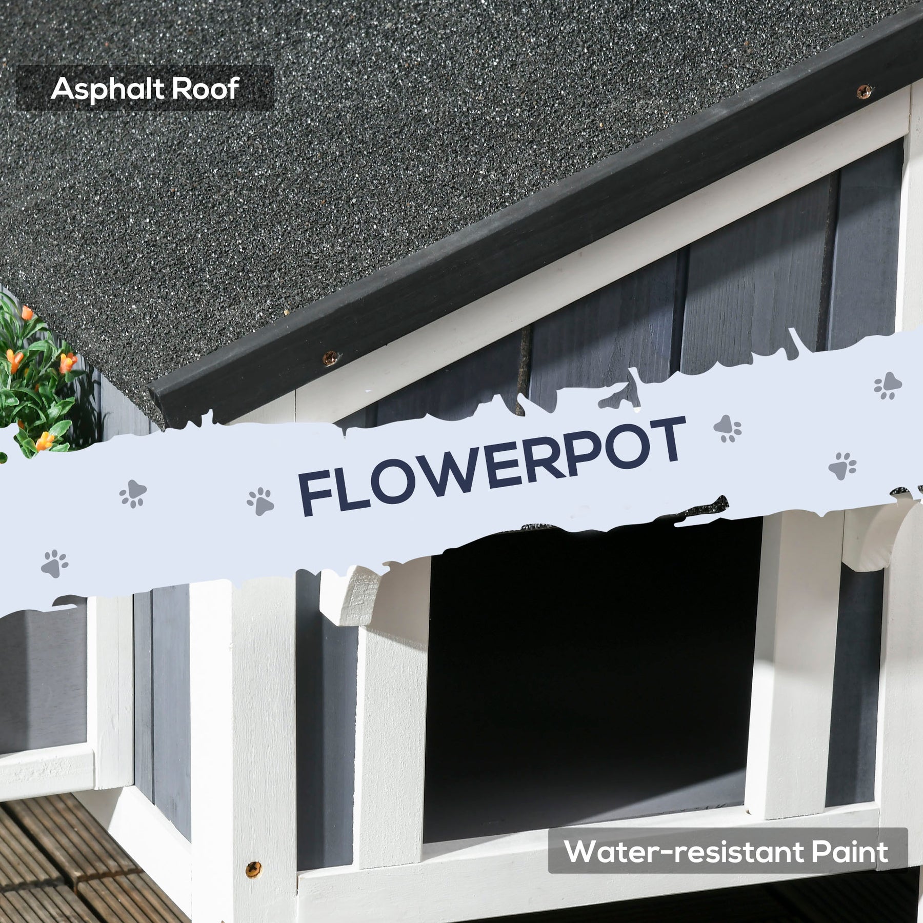  Wooden Cat House Outdoor with Flower Pot, 2 Tiers Cat Shelter  with  Window, Multiple  Entrances, Water-resistant  Roof, Grey