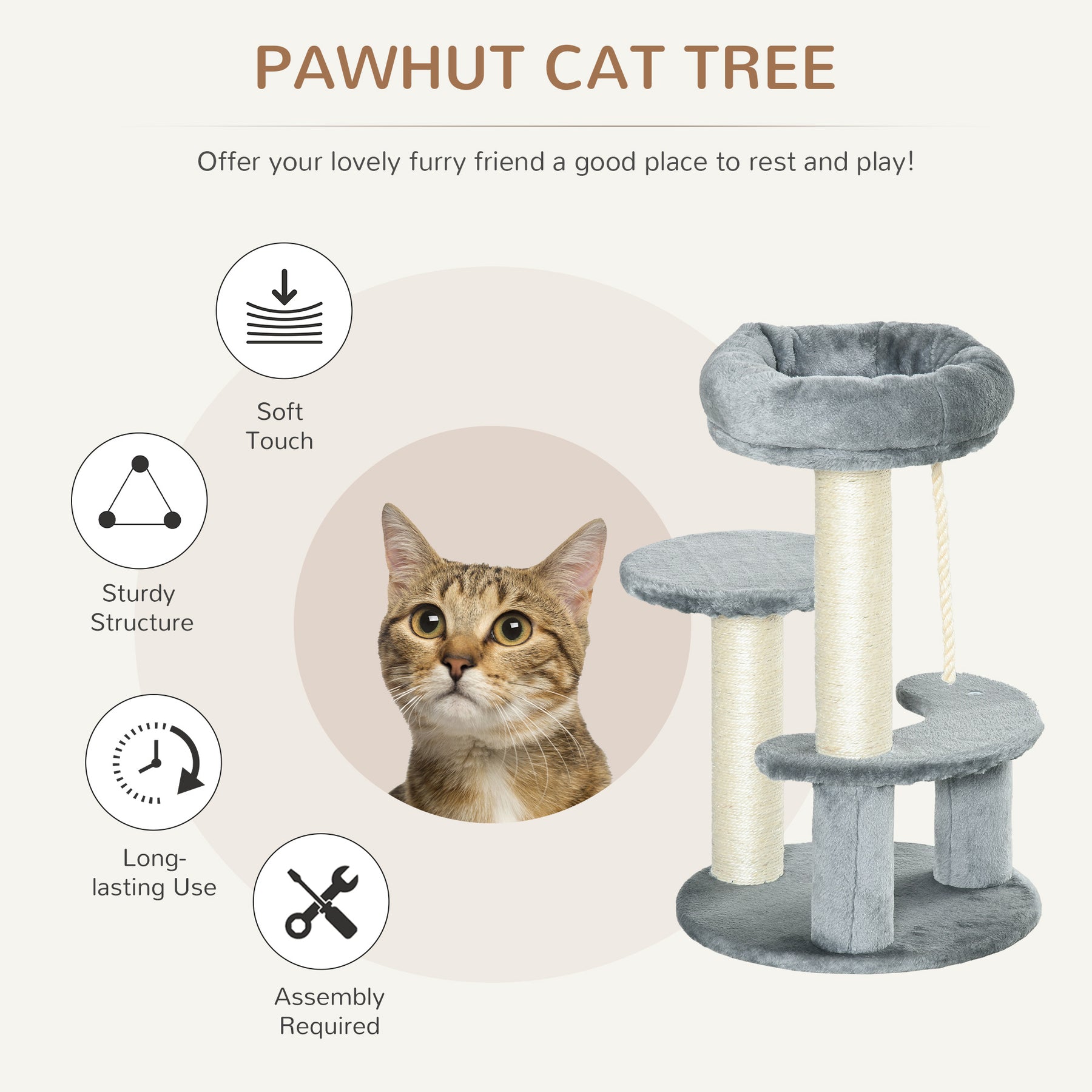 Cat Tree  Kitty Scratcher, Kitten Activity Centre with 2 Perches & Hanging Sisal Rope, Grey
