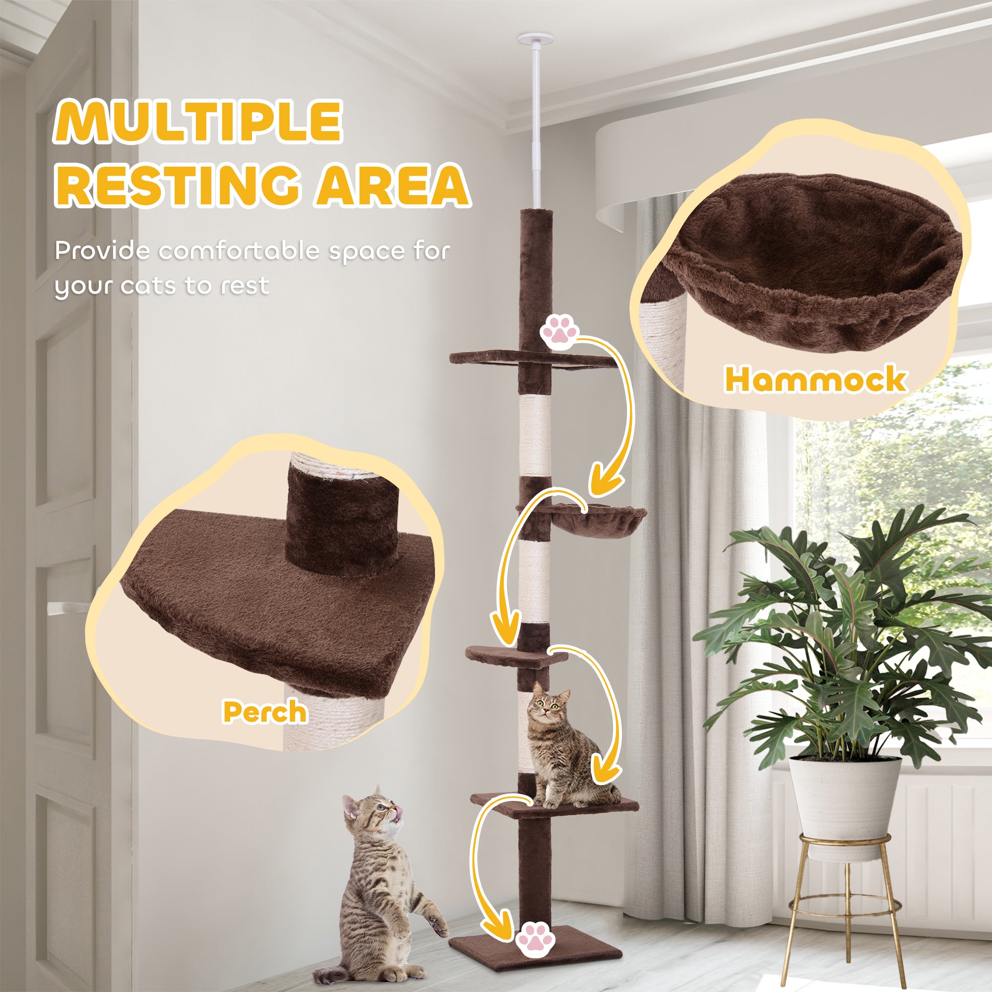 Cat Climbing Tree, 5-Tier Floor to Ceiling Adjustable Scratching Post Tower, Activity Centre, Brown,