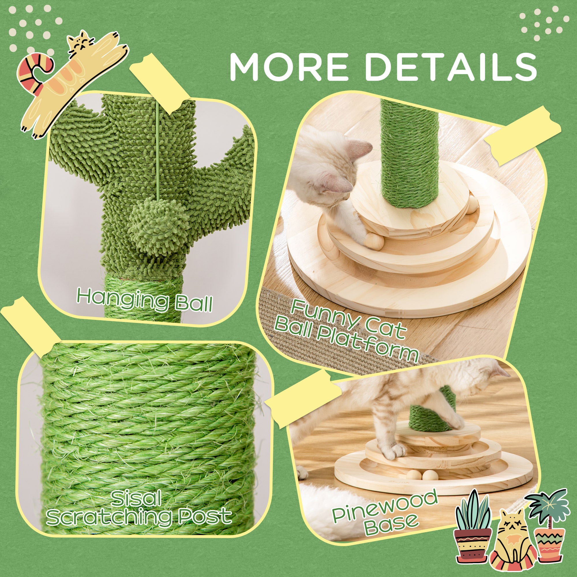 Cactus-Shaped Cat Tree Tower, Green, with Sisal Scratching Post, Hanging Ball, Funny Cat Ball Platform