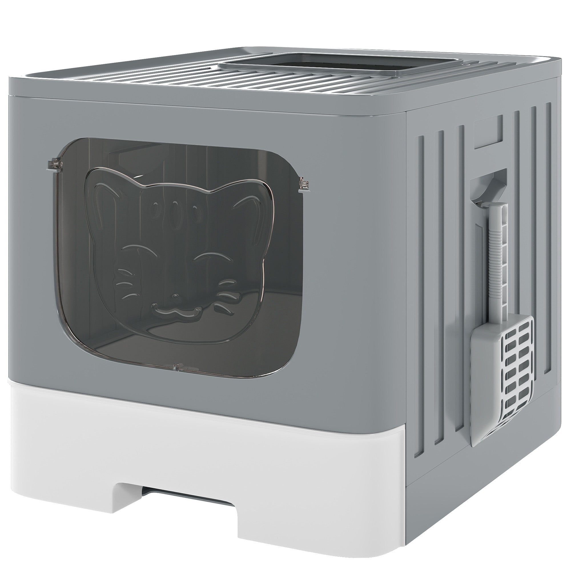 Foldable Cat Litter Box with Lid, Slide-Out Drawer, Scoop, Easy Clean, Odour Control, Anti-Splashing, Grey