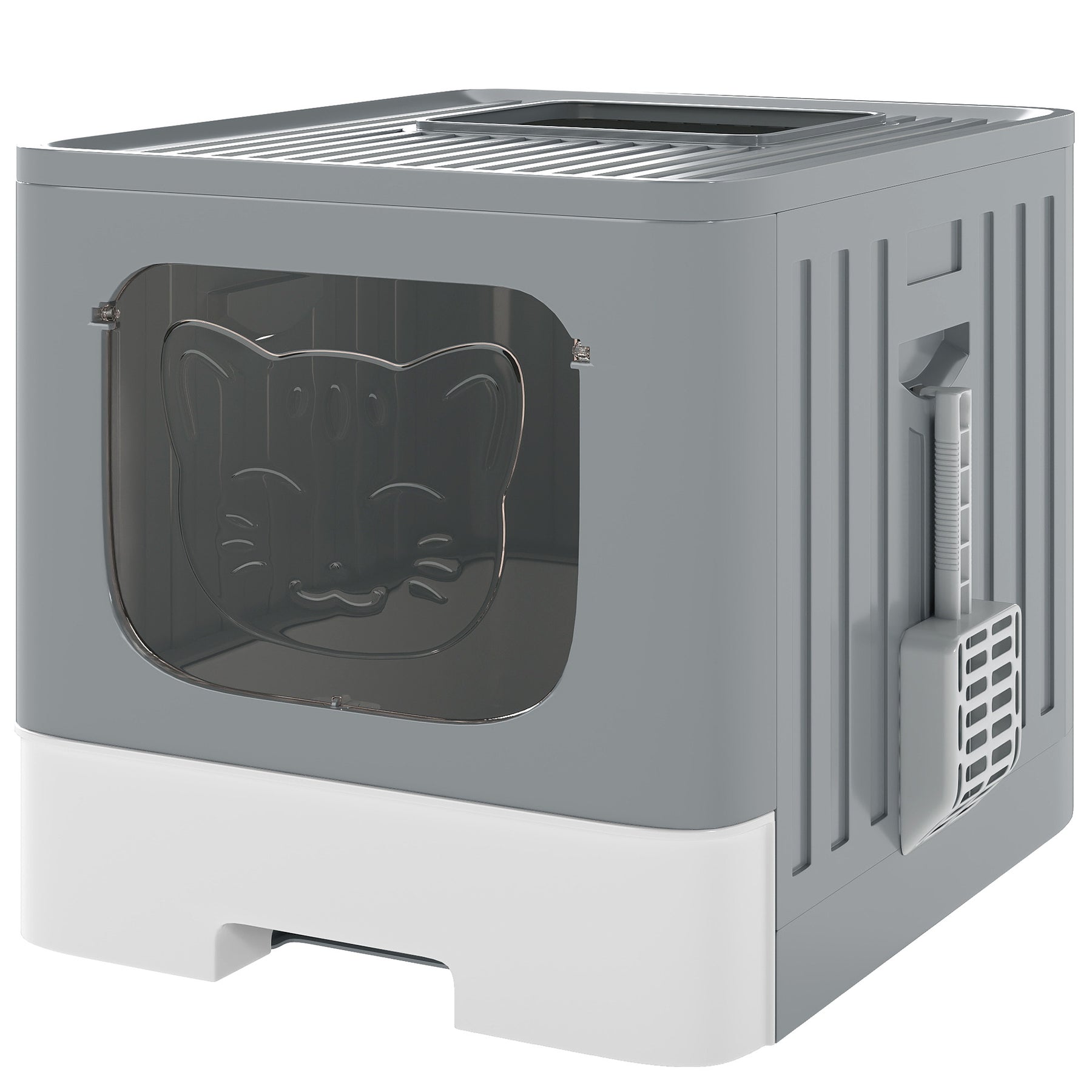 Foldable Cat Litter Box with Lid, Slide-Out Drawer, Scoop, Easy Clean, Odour Control, Anti-Splashing, Grey