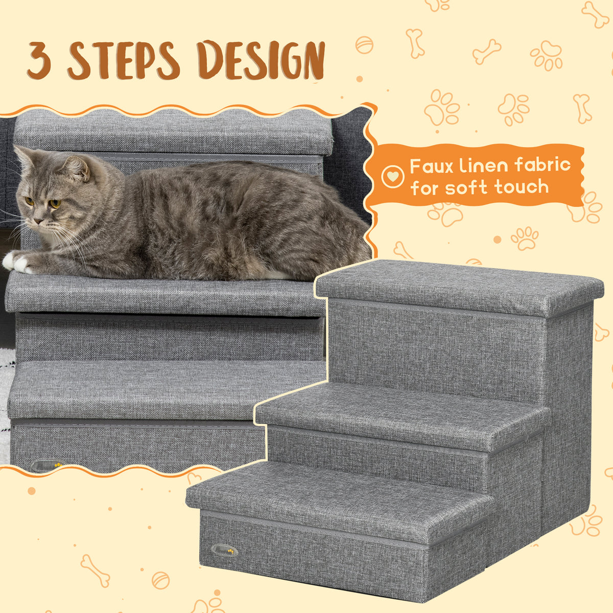PawHut 3 Steps Pet Stairs, with Storage Boxes, for Bed, Couches - Grey PawHut