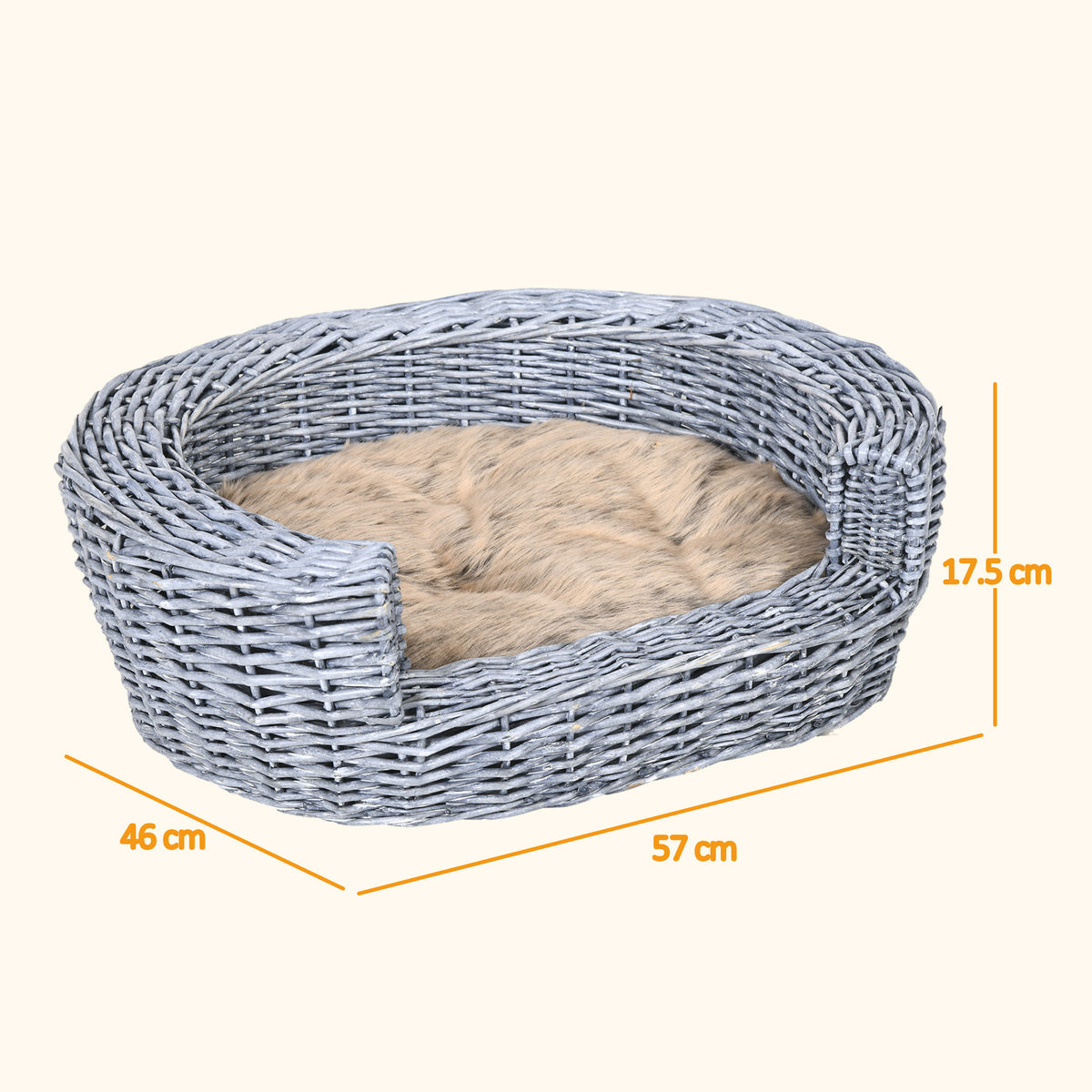 PawHut Wicker Pet Bed Willow Dog Cat Sofa Puppy Basket with Cushion Grey 57L x 46W x 17.5H cm PawHut